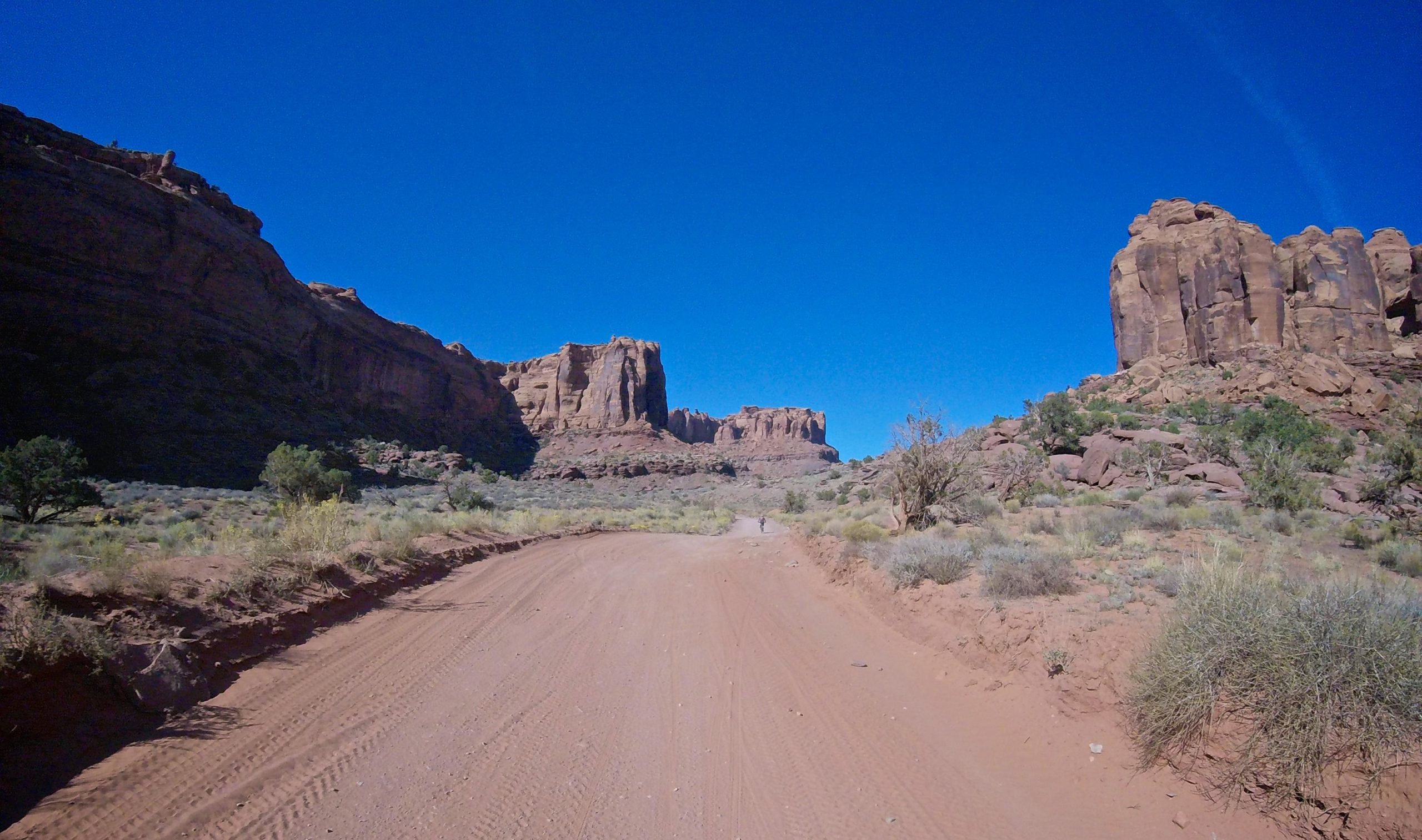 A dirt road winding through a desert landscape, bordered by towering rock formations and clear blue skies. Sparse vegetation, including low shrubs and patches of grass, is visible alongside the road, which shows tire tracks leading further into the scenery. Gemini Bridges mountain bike trail.