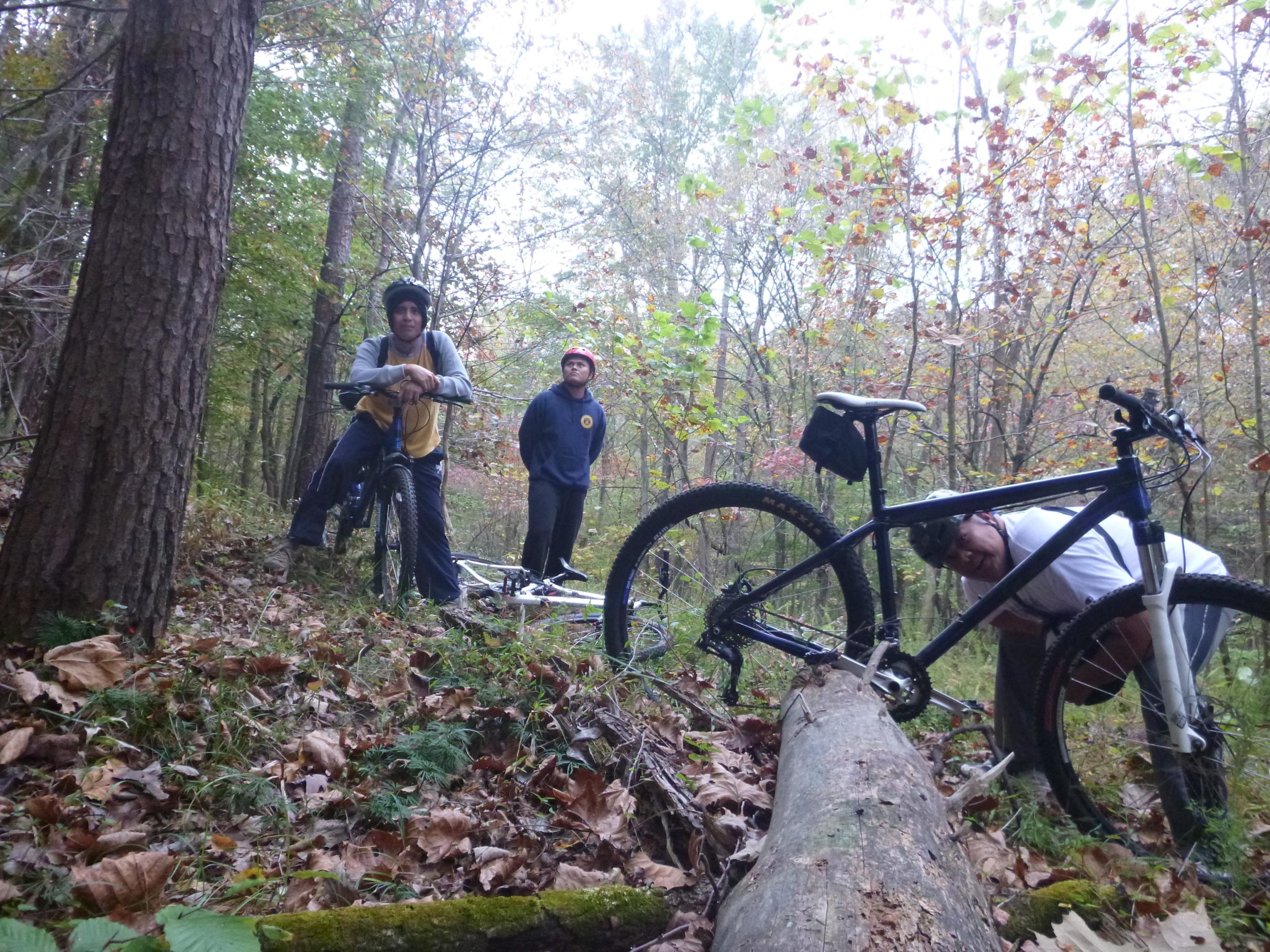 Three individuals are standing and crouching near mountain bikes in a forested area. One person is leaning casually on his bike, while another stands nearby, and a third person is kneeling next to a bike that is resting on a fallen log. The scene is surrounded by trees and autumn foliage. Cedar Ridge Chatmoss mountain bike trail.