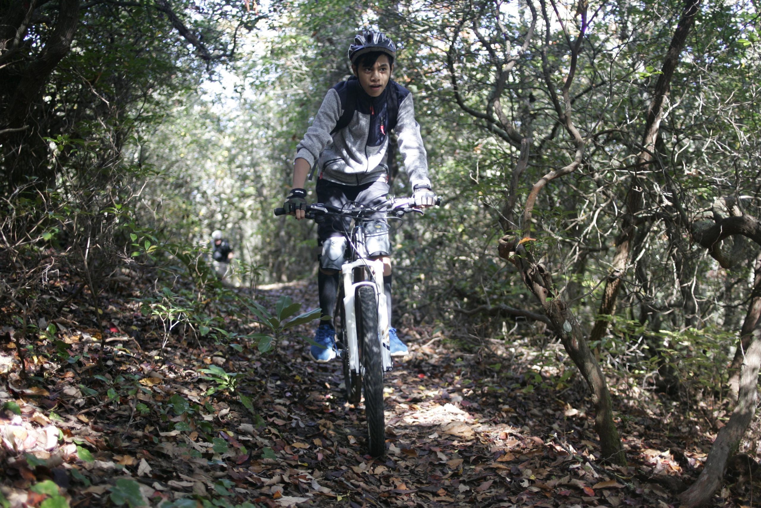 A young person riding a mountain bike on a narrow trail surrounded by dense foliage, with fallen leaves scattered on the ground. Sunlight filters through the trees, creating a dappled light effect. In the background, another cyclist can be seen on the same path. Bennett Gap / 138 mountain bike trail.
