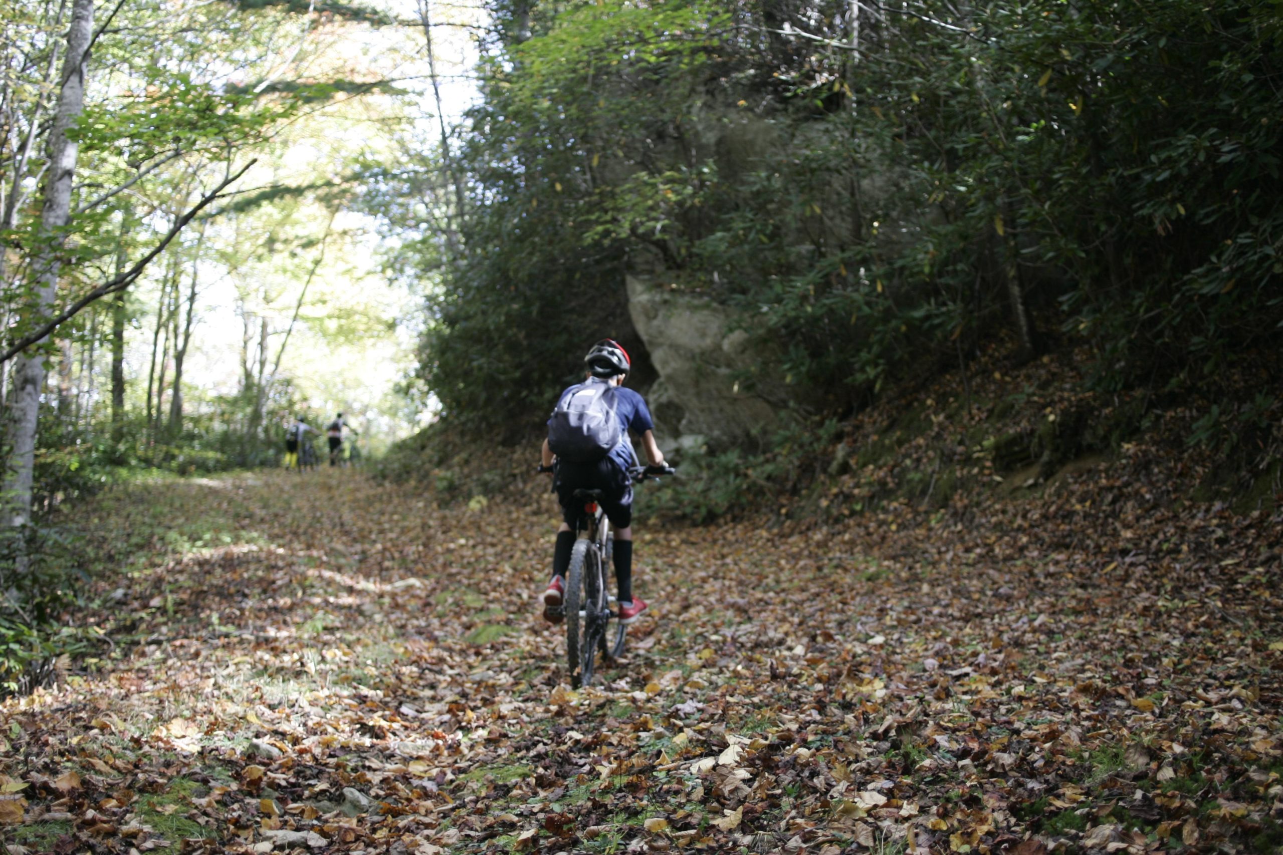 A child riding a mountain bike along a leaf-covered trail in a forest. The background features lush green trees and sunlight filtering through the foliage, creating a vibrant autumn atmosphere. Table Rock mountain bike trail.
