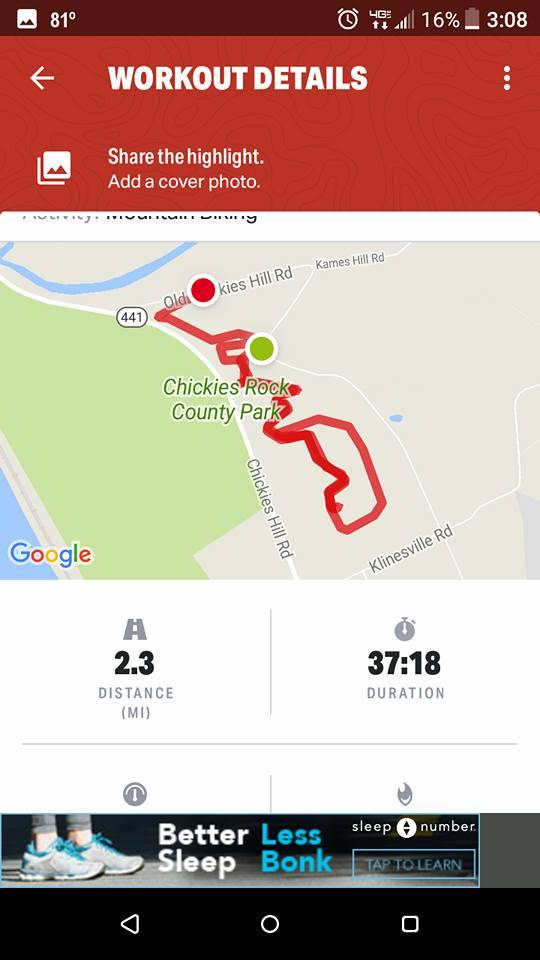 Map showing a workout route at Chickies Rock County Park with a distance of 2.3 miles completed in 37 minutes and 18 seconds. The route is marked in red, displaying various twists and turns within the park area. Clayton B. Shenk Trail mountain bike trail.