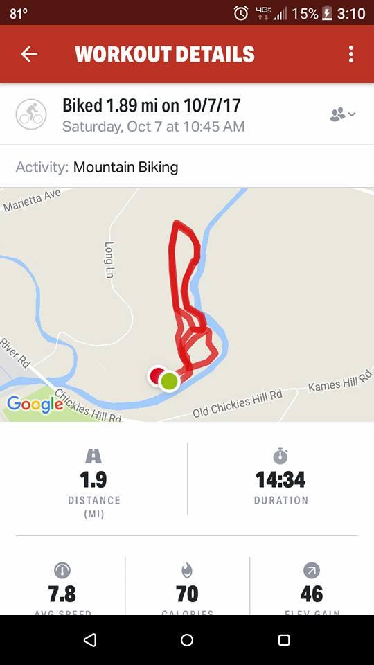 Map showing workout details for a mountain biking activity, including a distance of 1.89 miles, completed on October 7, 2017. The map displays the route taken with a red line, as well as statistics like the duration of 14 minutes and 34 seconds, average speed of 7.8 mph, calories burned (70), and flex gain (46). Girl scout trail mountain bike trail.