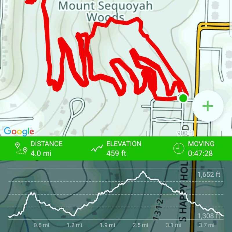 A map showing a tracked hiking route in Mount Sequoyah Woods, with a red line marking a distance of 4.0 miles and an elevation gain of 459 feet. The map includes a topographic overlay and a graph displaying elevation changes along the trail. Mt. Sequoyah mountain bike trail.