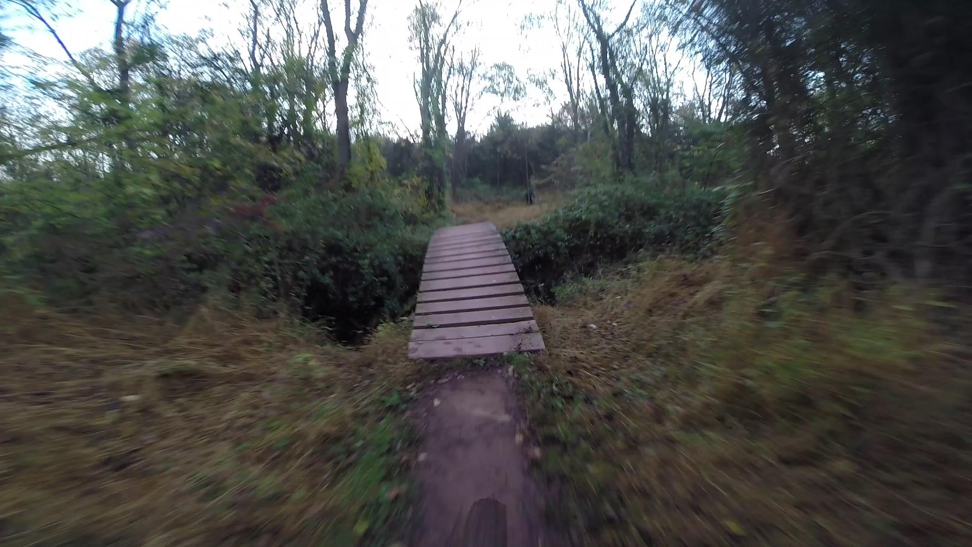 A wooden bridge spanning a small gap in a forested area, surrounded by lush greenery and tall trees. The scene captures the tranquility of nature, with a soft, natural path leading towards the bridge. Six Mile Run mountain bike trail.