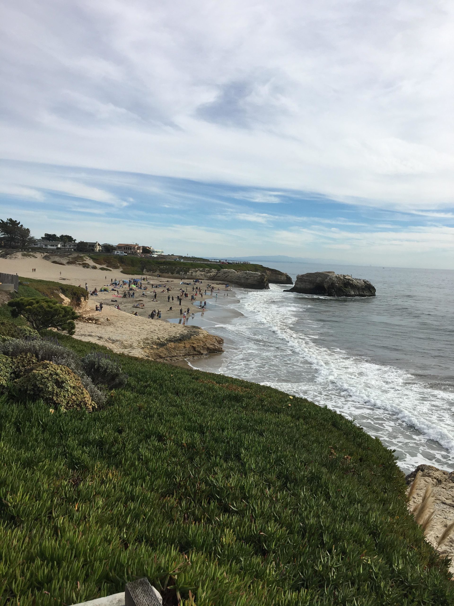 A scenic view of a beach with people enjoying the shoreline. The sandy beach is flanked by green coastal vegetation and features a large rock formation in the water. Blue skies with wispy clouds stretch above, and gentle waves wash up on the shore. Wilder Ranch State Park mountain bike trail.