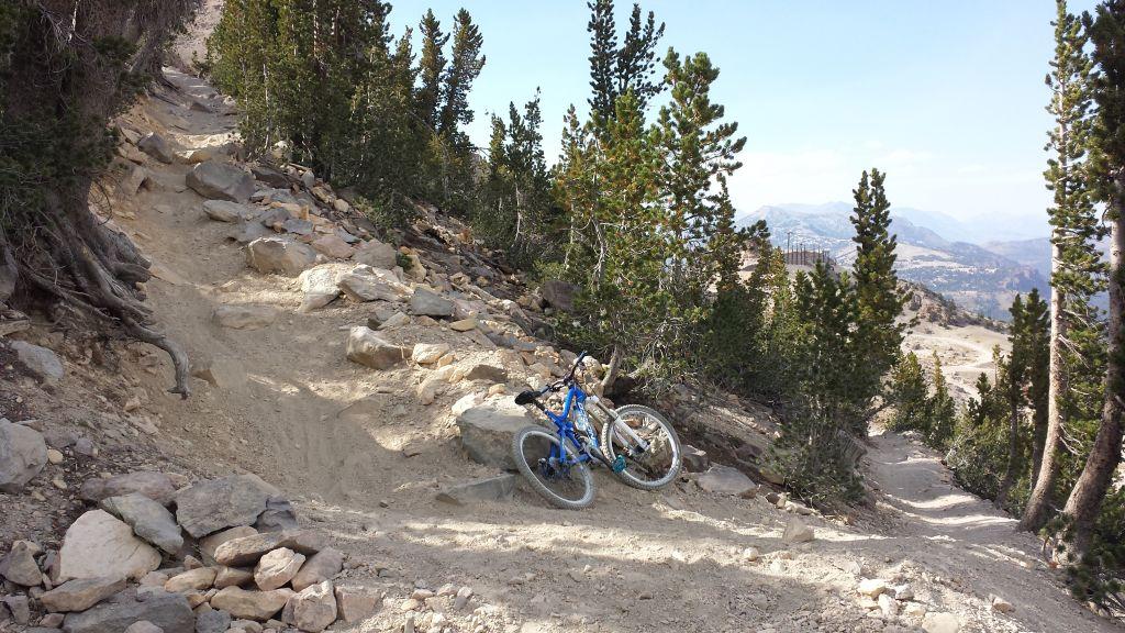 Norco TRUAX 1: A blue mountain bike rests on a rocky, uneven trail surrounded by pine trees, with a distant view of mountains and a clear sky. The trail is sandy with boulders and roots protruding, indicating a challenging biking path.