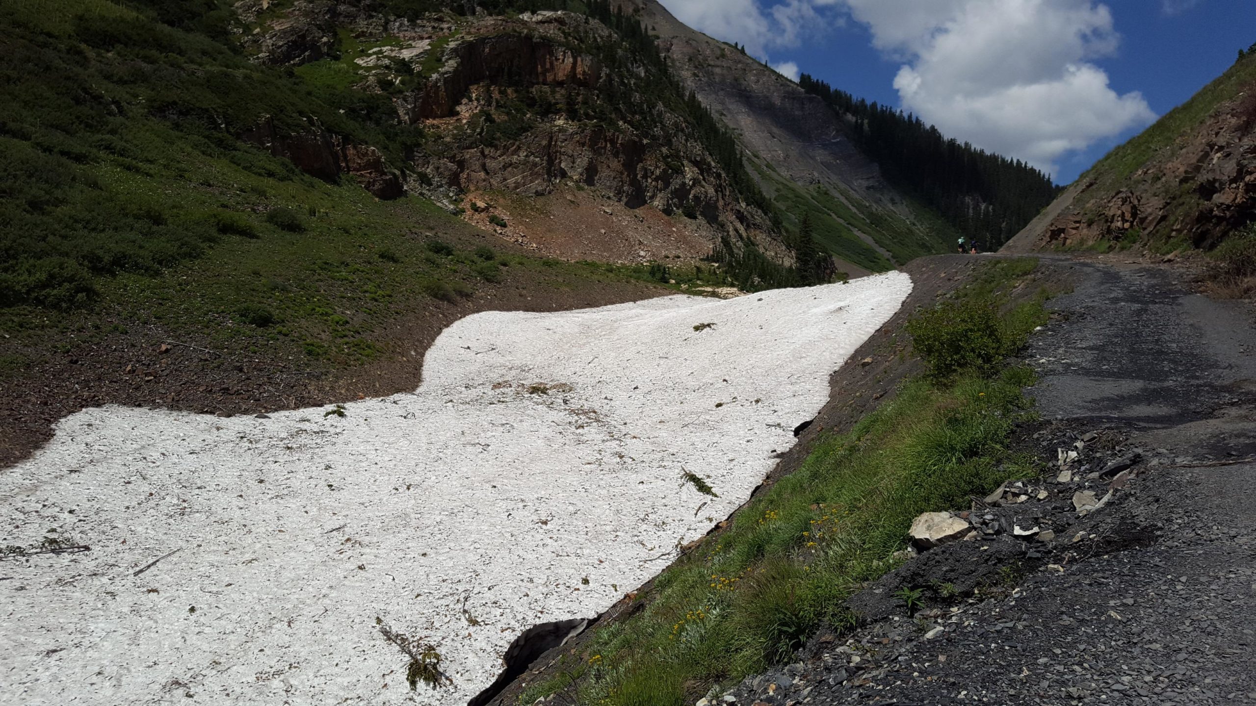 A snowy white patch in a mountainous area, surrounded by green vegetation and rocky terrain. A dirt road runs alongside the snow, with trees and steep slopes in the background under a partly cloudy sky. Trail 401 mountain bike trail.