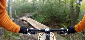 A view from the handlebars of a mountain bike navigating a wooden bridge in a dense forest setting, with greenery surrounding the path.