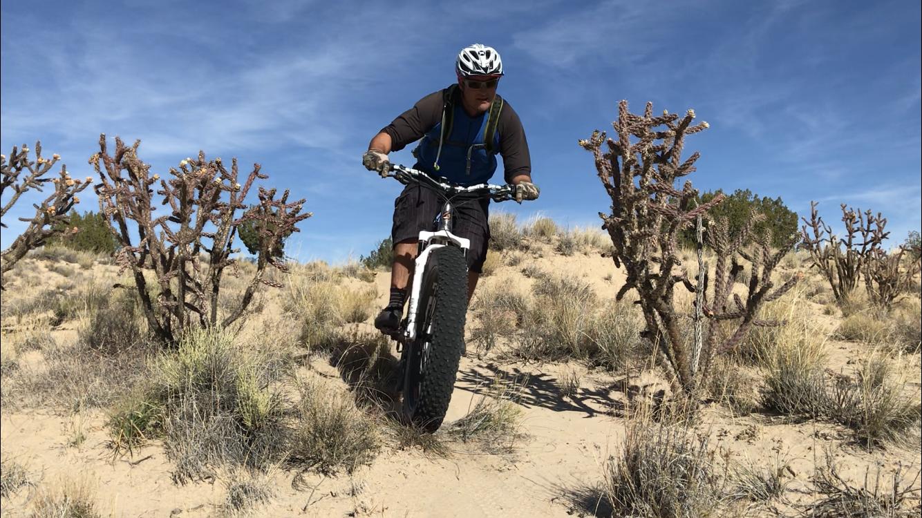 A person riding a fat tire mountain bike through a sandy desert landscape, surrounded by sparse vegetation and cacti, under a clear blue sky. The rider is focused on navigating the terrain, wearing a helmet and sports attire. Mariposa Fat Bike Trails mountain bike trail.