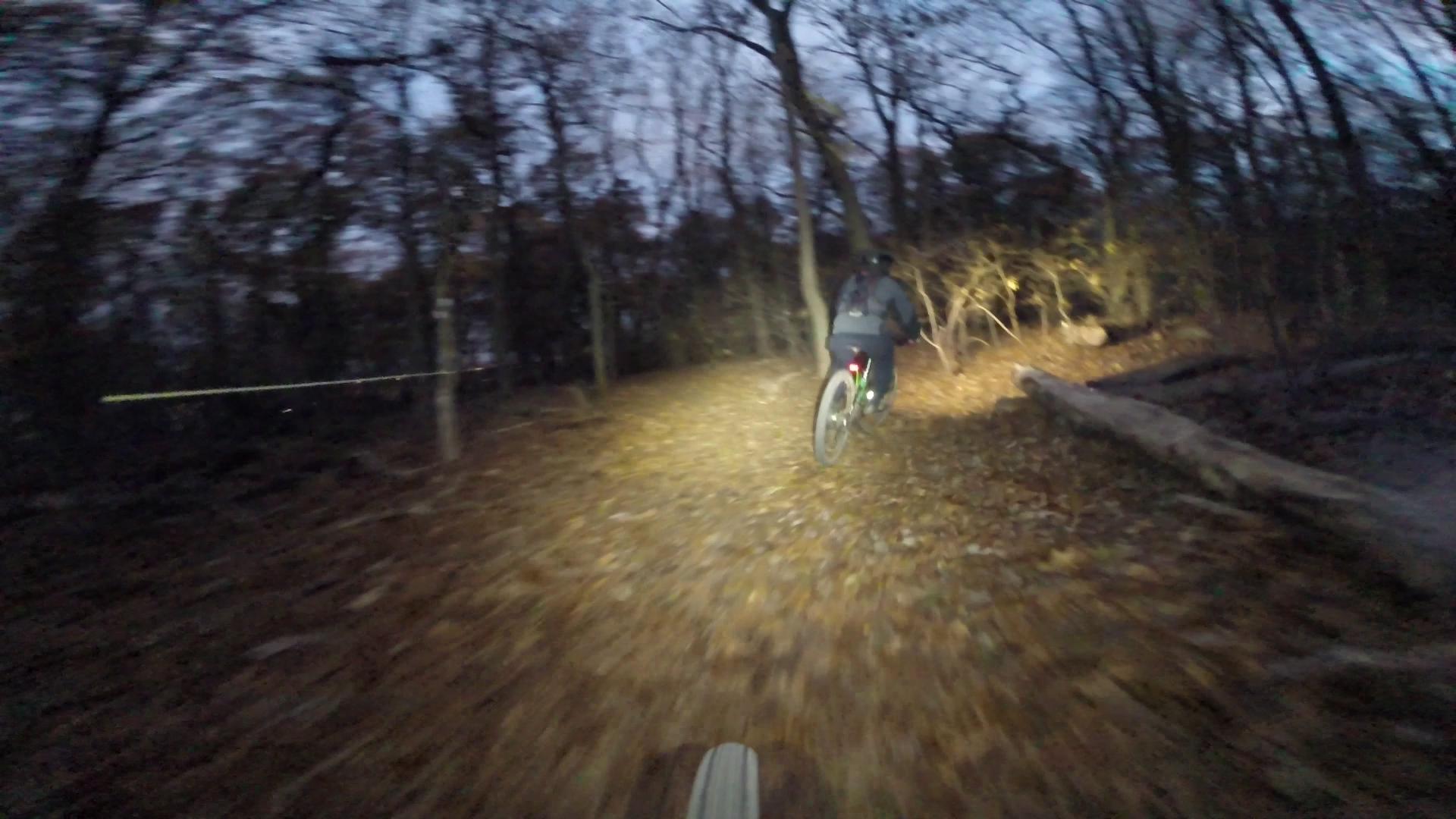 A cyclist riding a mountain bike along a leaf-covered trail in a wooded area during dusk, with a bike headlight illuminating the path ahead and trees partially silhouetted against a darkening sky. Richmond Avenue and Forest Hill road mountain bike trail.