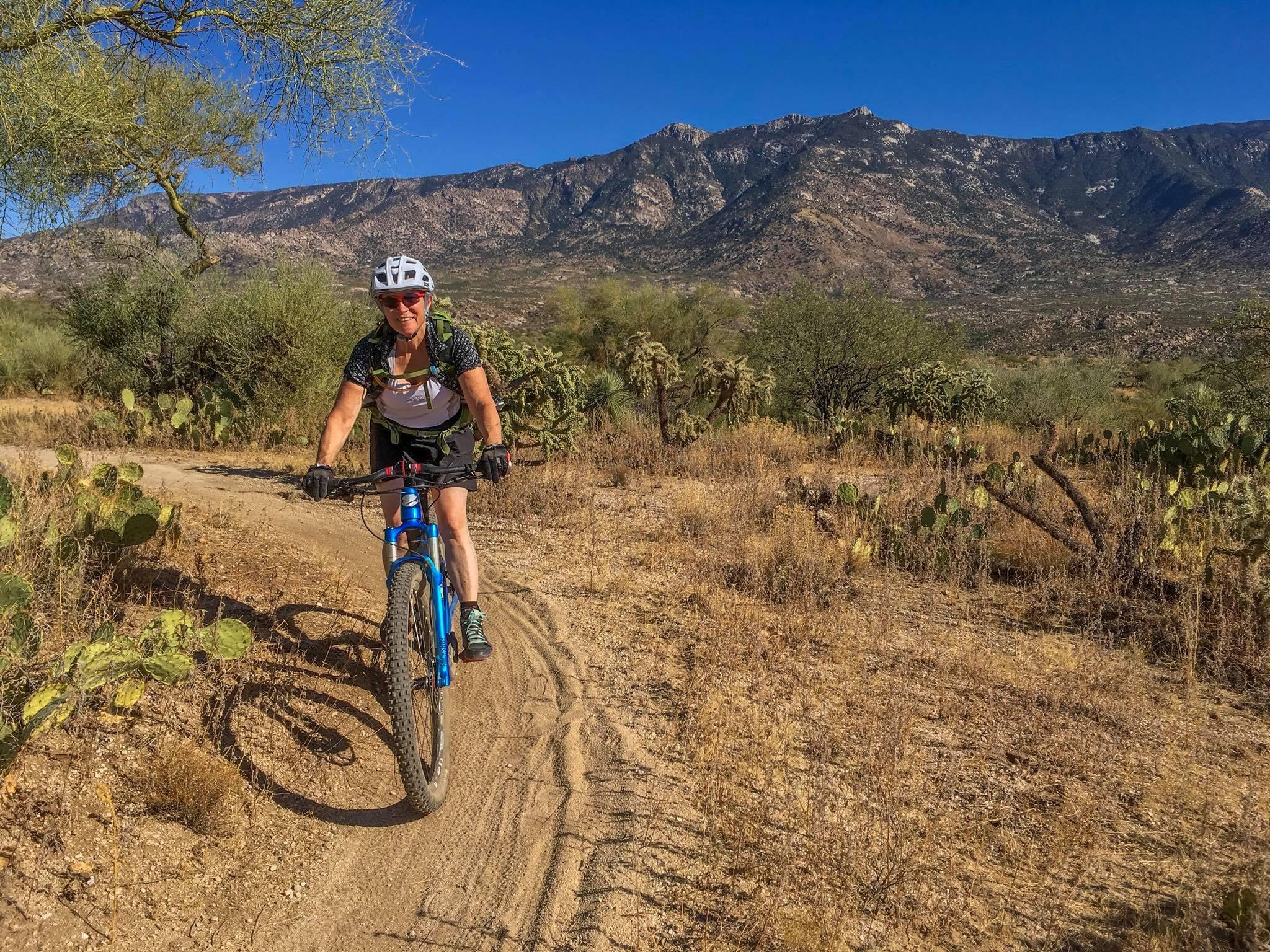 A person riding a blue mountain bike on a dirt trail surrounded by desert vegetation, including cacti and shrubs, with a mountain range in the background under a clear blue sky. 50-year Trail / Golder Ranch mountain bike trail.