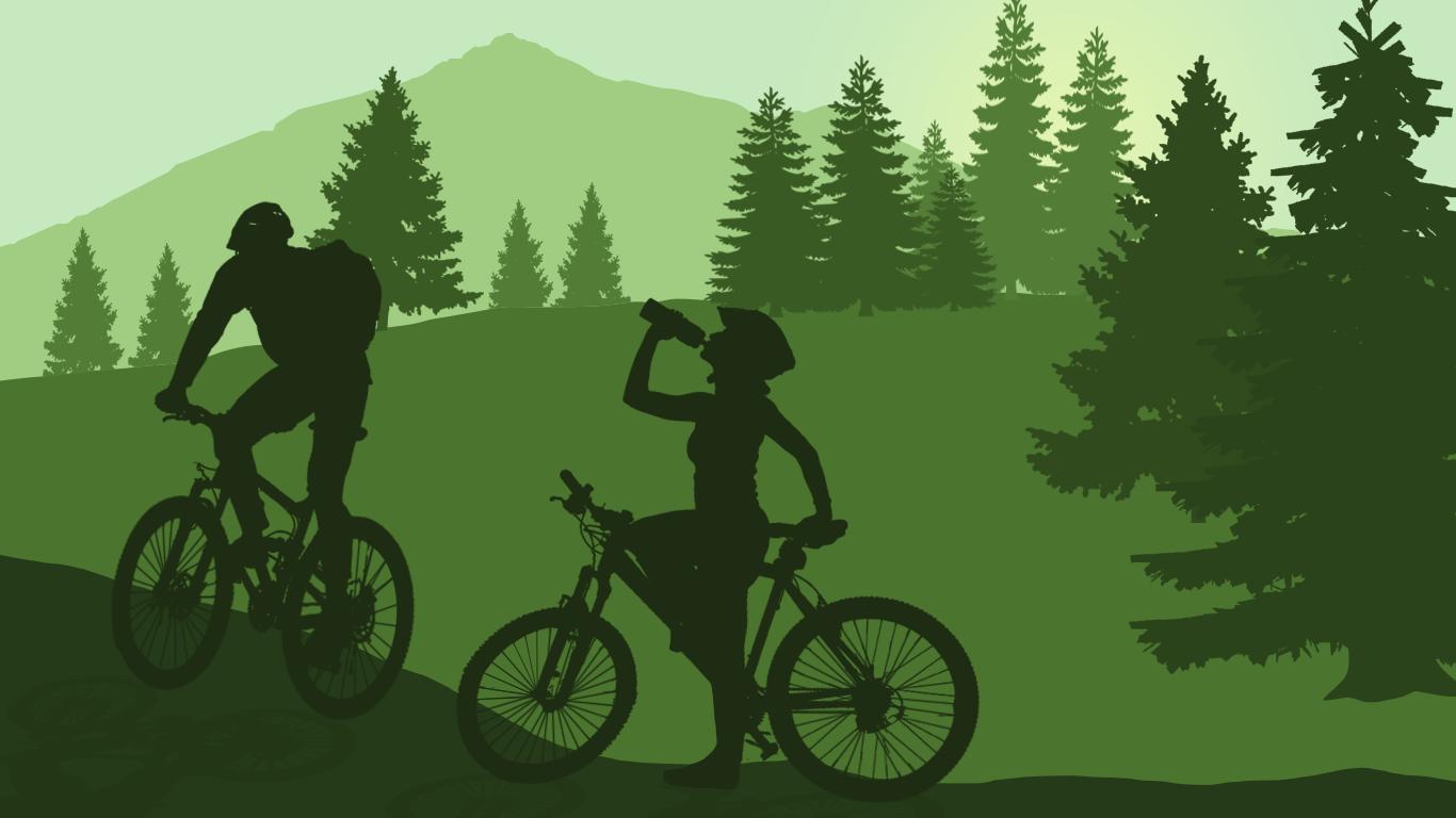 Two silhouetted mountain bikers are depicted in a lush green landscape. One rider, in the foreground, is drinking from a water bottle while the other rides slightly ahead on a hillside, surrounded by tall trees and distant mountains in a tranquil outdoor setting.