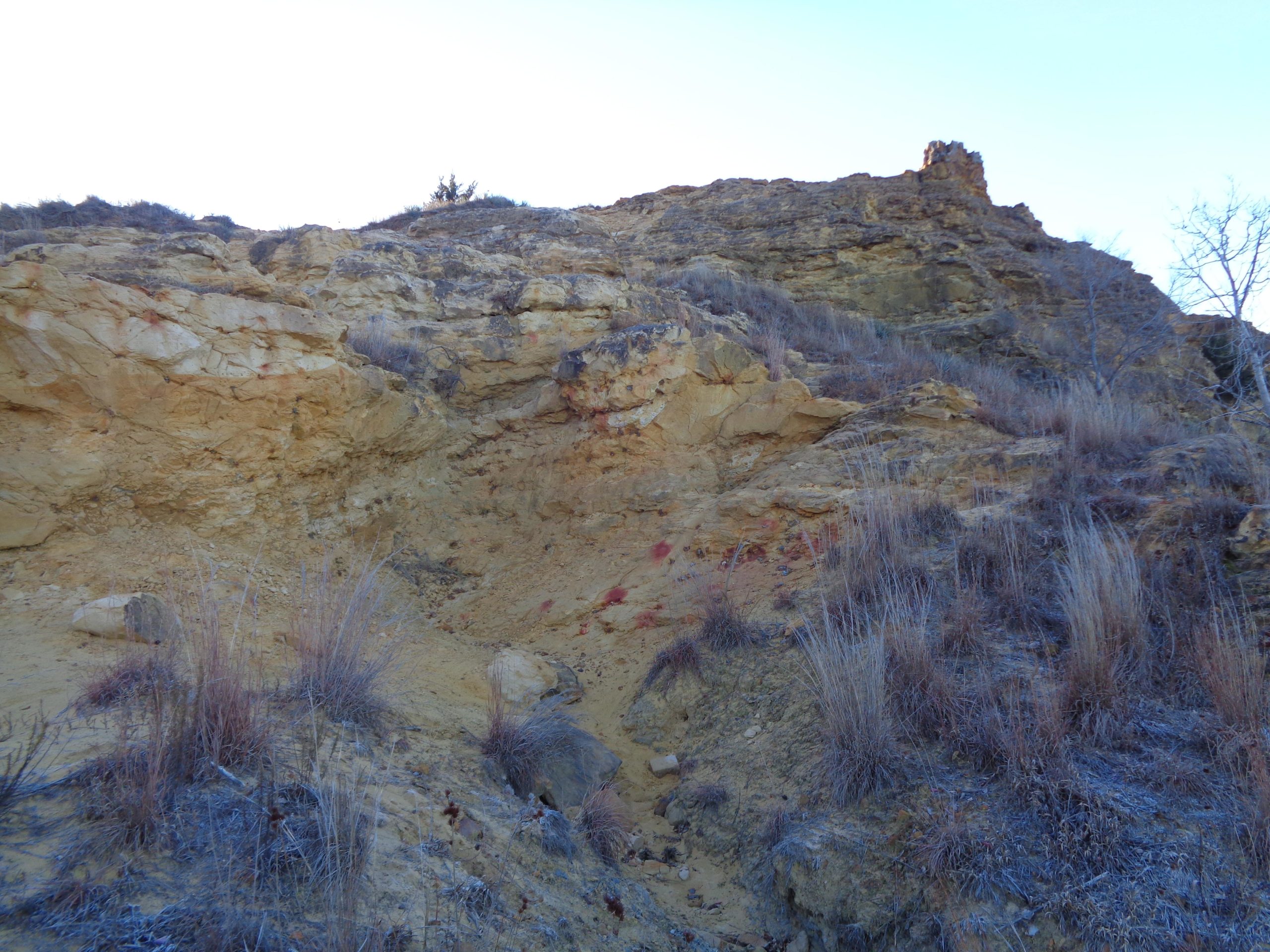 A rocky hillside with layered yellow and brownish soil, featuring sparse dry grass and shrubs. The background shows a clear blue sky, while the terrain appears uneven and rugged, indicative of natural erosion. Kanopolis Lake mountain bike trail.