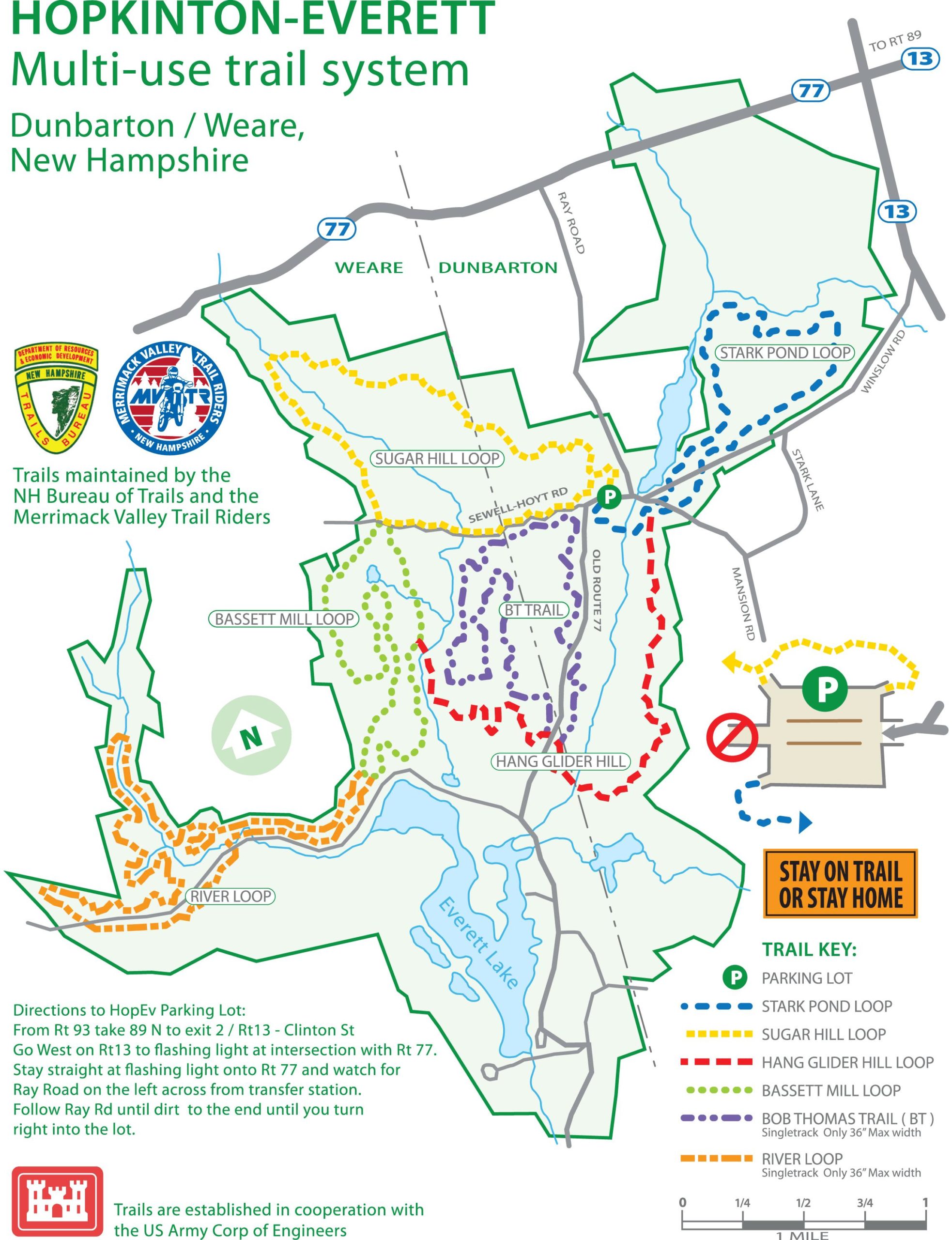 Map of the Hopkinton-Everett multi-use trail system located in Dunbarton and Weare, New Hampshire. The map includes various trails such as the Sugar Hill Loop, Stark Pond Loop, and Bassett Mill Loop, marked in different colors. Directions to the parking lot are provided, along with a trail key indicating specific trail types. The map emphasizes staying on designated trails for safety. Hopkinton-Everett mountain bike trail.
