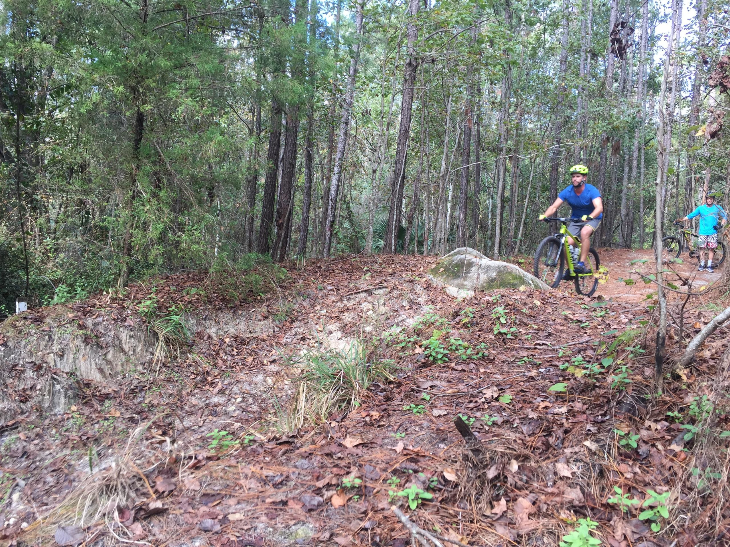 A mountain biker in a blue shirt and yellow helmet rides a trail in a wooded area, while a second cyclist in a blue shirt follows behind on a dirt path surrounded by trees and fallen leaves. Tillie Fowler Regional Park mountain bike trail.