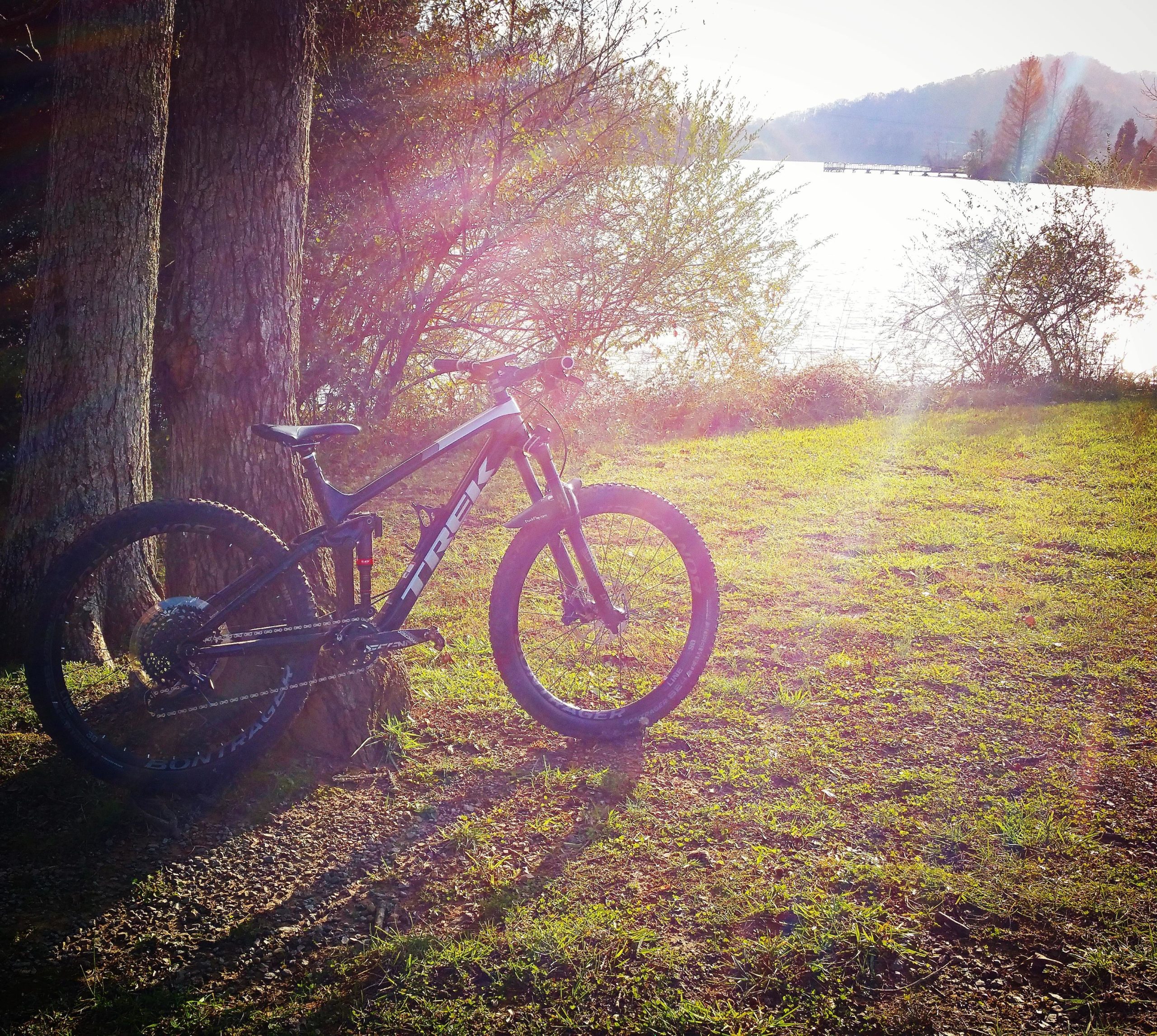 A mountain bike resting against a tree in a sunlit grassy area, with a serene lake and distant hills visible in the background. Sun rays create a warm glow in the scene. Haw Ridge Park mountain bike trail.