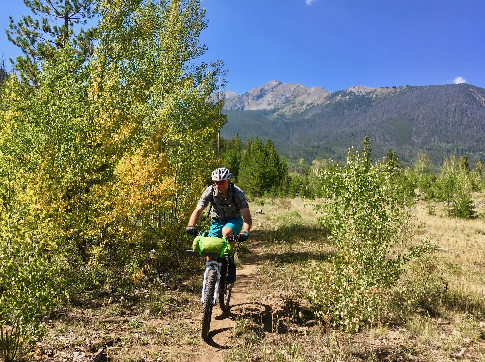 Alt text: A mountain biker rides along a dirt trail surrounded by green and yellow trees, with a mountain range and blue sky in the background. Colorado Trail: Kenosha Pass To Breckenridge mountain bike trail.