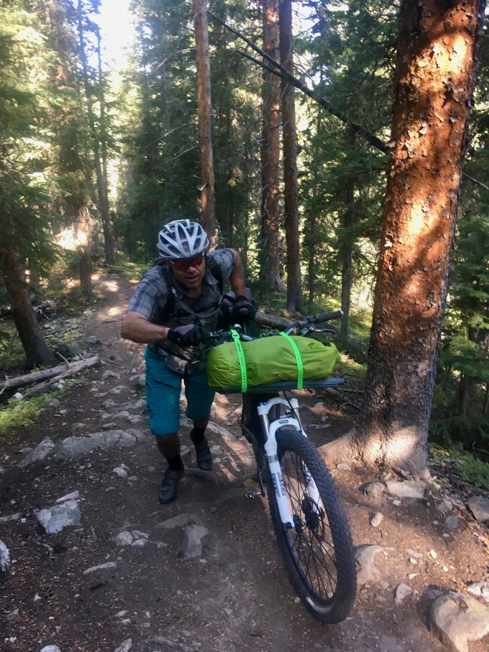 A mountain biker navigating a rocky trail in a forested area, pushing a bike with a green cargo bag attached. The scene shows tall trees and dappled sunlight filtering through the foliage, emphasizing an outdoor adventure. Colorado Trail: Kenosha Pass To Breckenridge mountain bike trail.