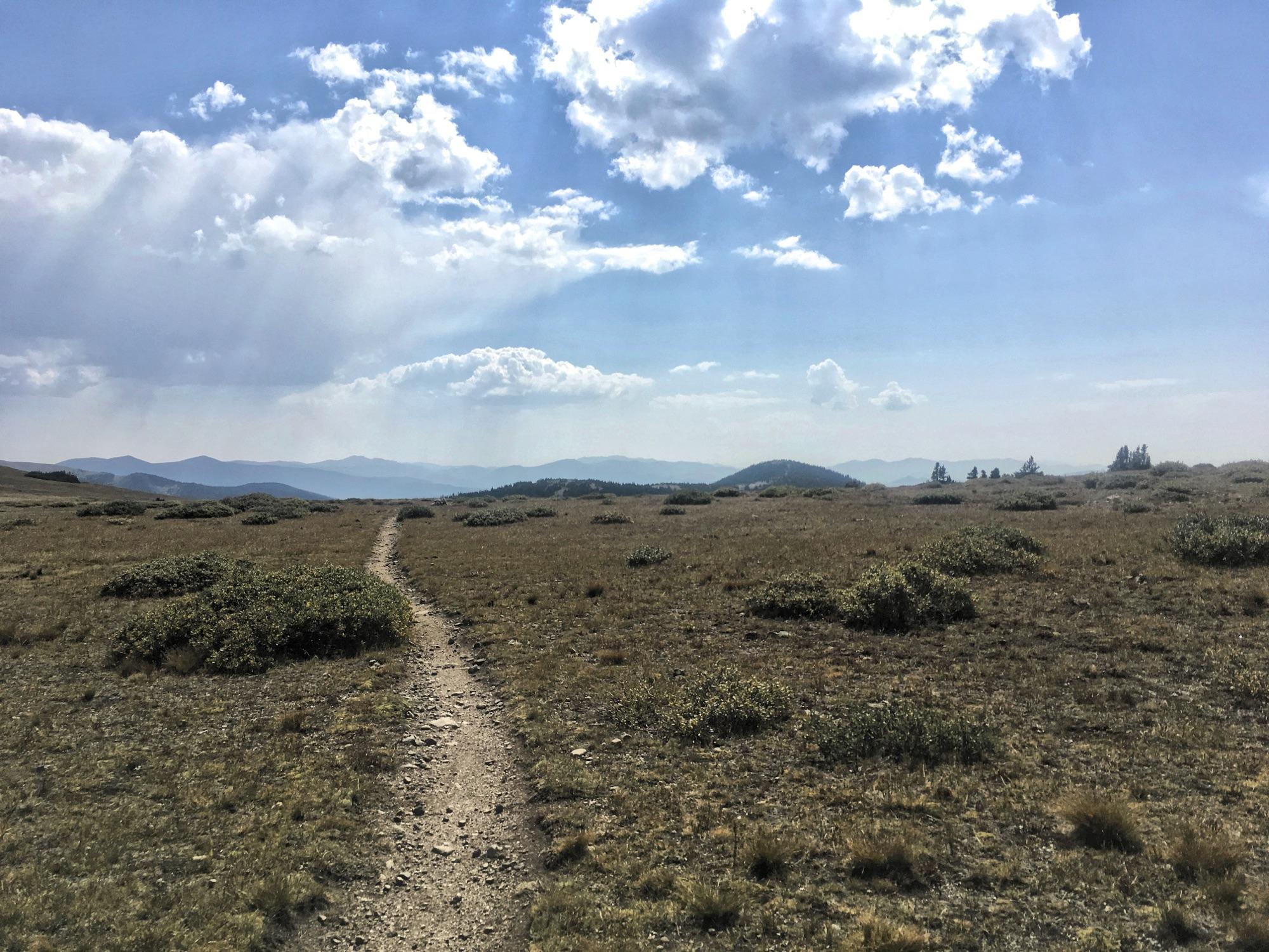 A winding dirt path leads through a vast open field, bordered by low shrubs and grass. In the distance, rolling hills and mountains are visible under a blue sky adorned with scattered clouds. The scene conveys a sense of tranquility and natural beauty. Colorado Trail: Kenosha Pass To Breckenridge mountain bike trail.