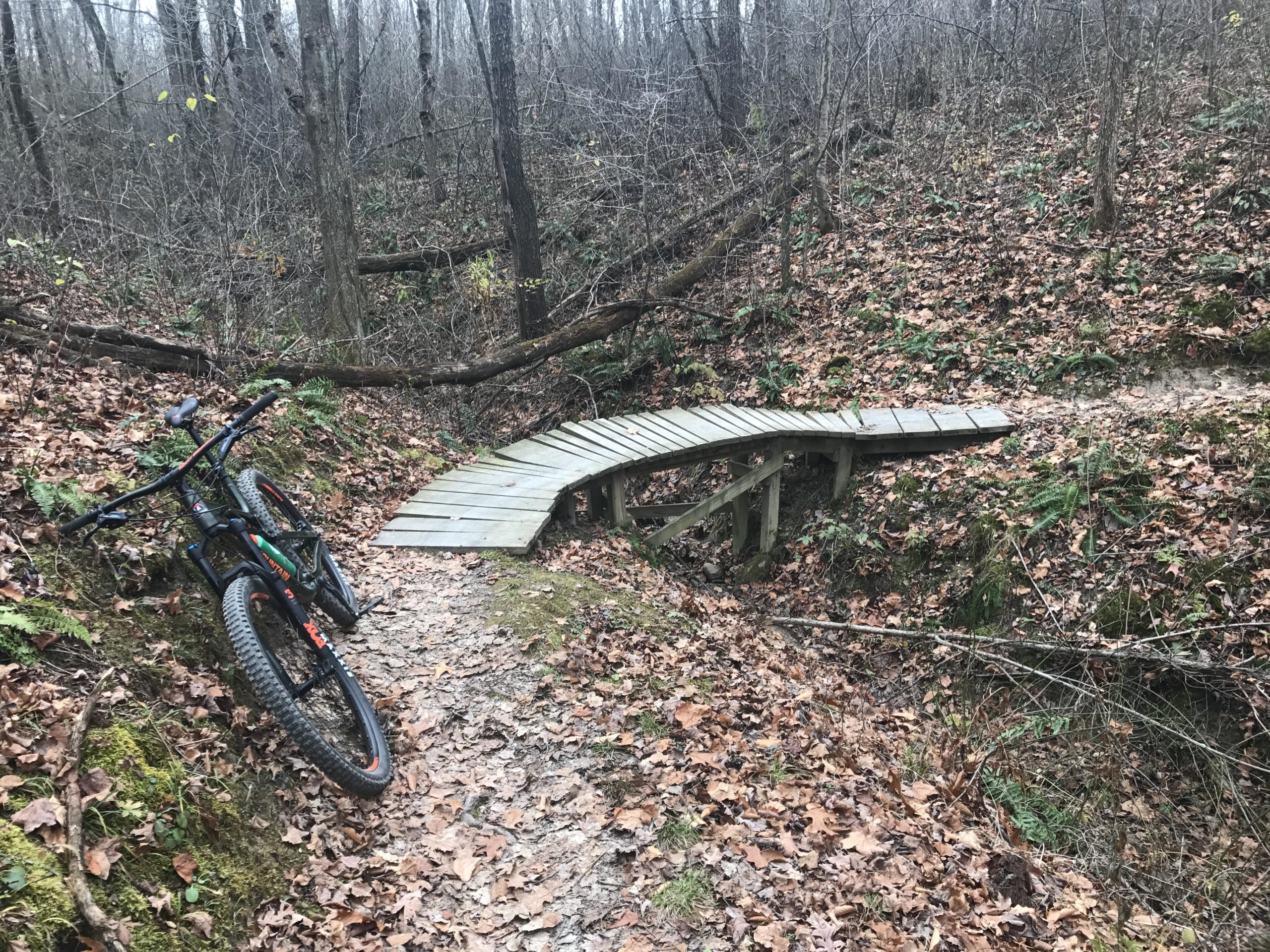 A mountain bike rests on a dirt path surrounded by fallen leaves and trees in a wooded area. A wooden bridge crosses a small ravine, leading the way through the forest. West Branch mountain bike trail.