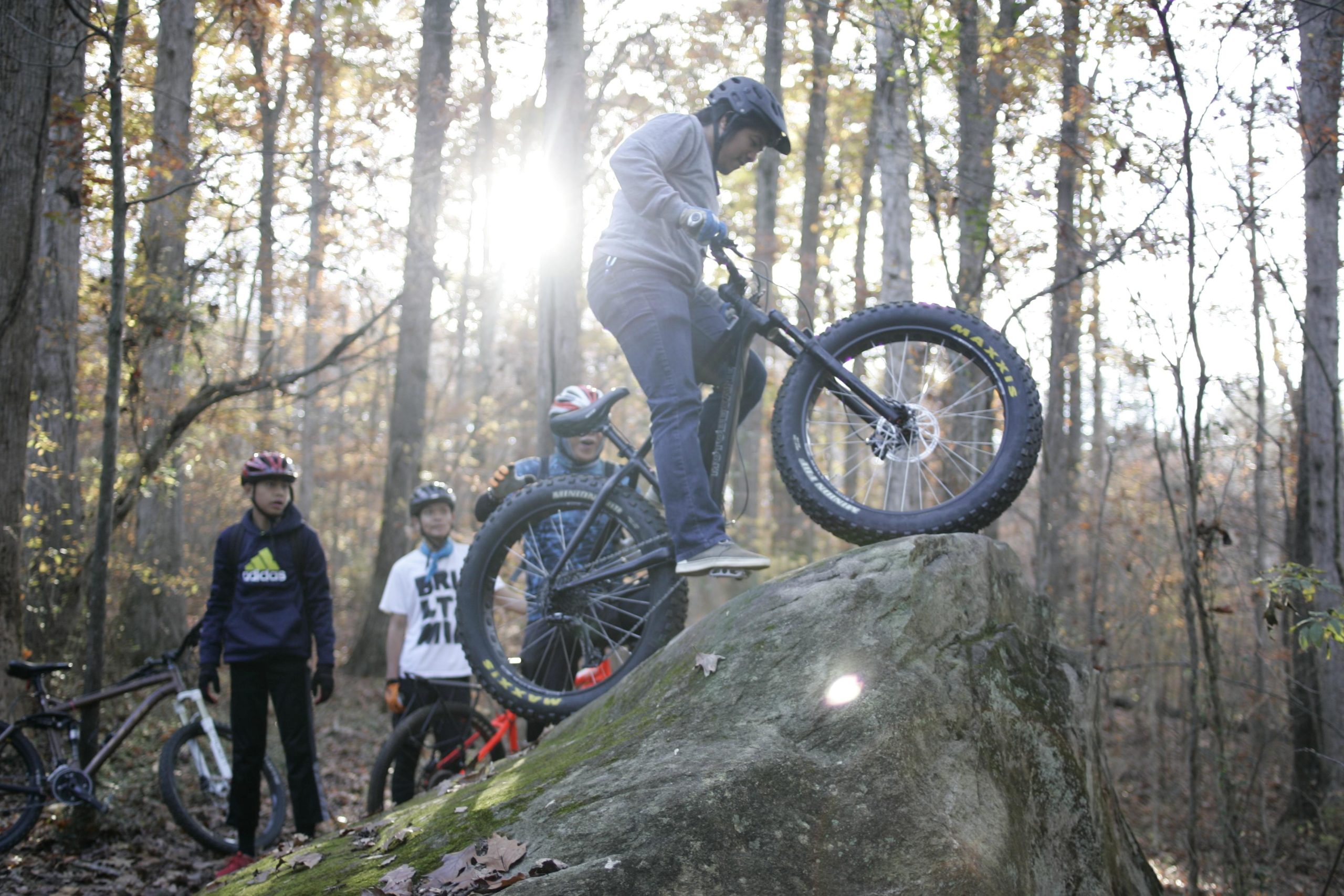 A group of four young individuals stand in a wooded area, observing one person skillfully balancing on a mountain bike atop a large rock. The sun shines through the trees, creating a bright halo effect, while the autumn foliage adds a warm backdrop to the scene. The cyclists are wearing helmets and casual clothing, showcasing their enthusiasm for biking in nature. Hobby Park mountain bike trail.