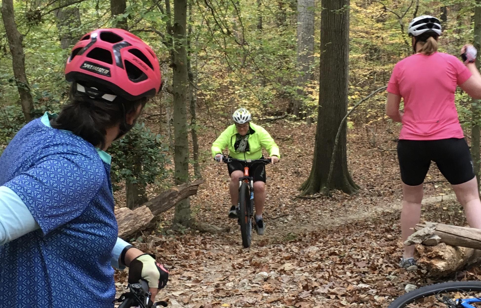 Three mountain bikers are navigating a wooded trail during autumn. One cyclist in a bright yellow jacket rides down the path, while two others, one wearing a pink helmet and the other in a pink shirt, watch from the side. The ground is covered in fallen leaves, and trees surround the scene, showcasing the vibrant fall foliage. Tanglewood Park mountain bike trail.