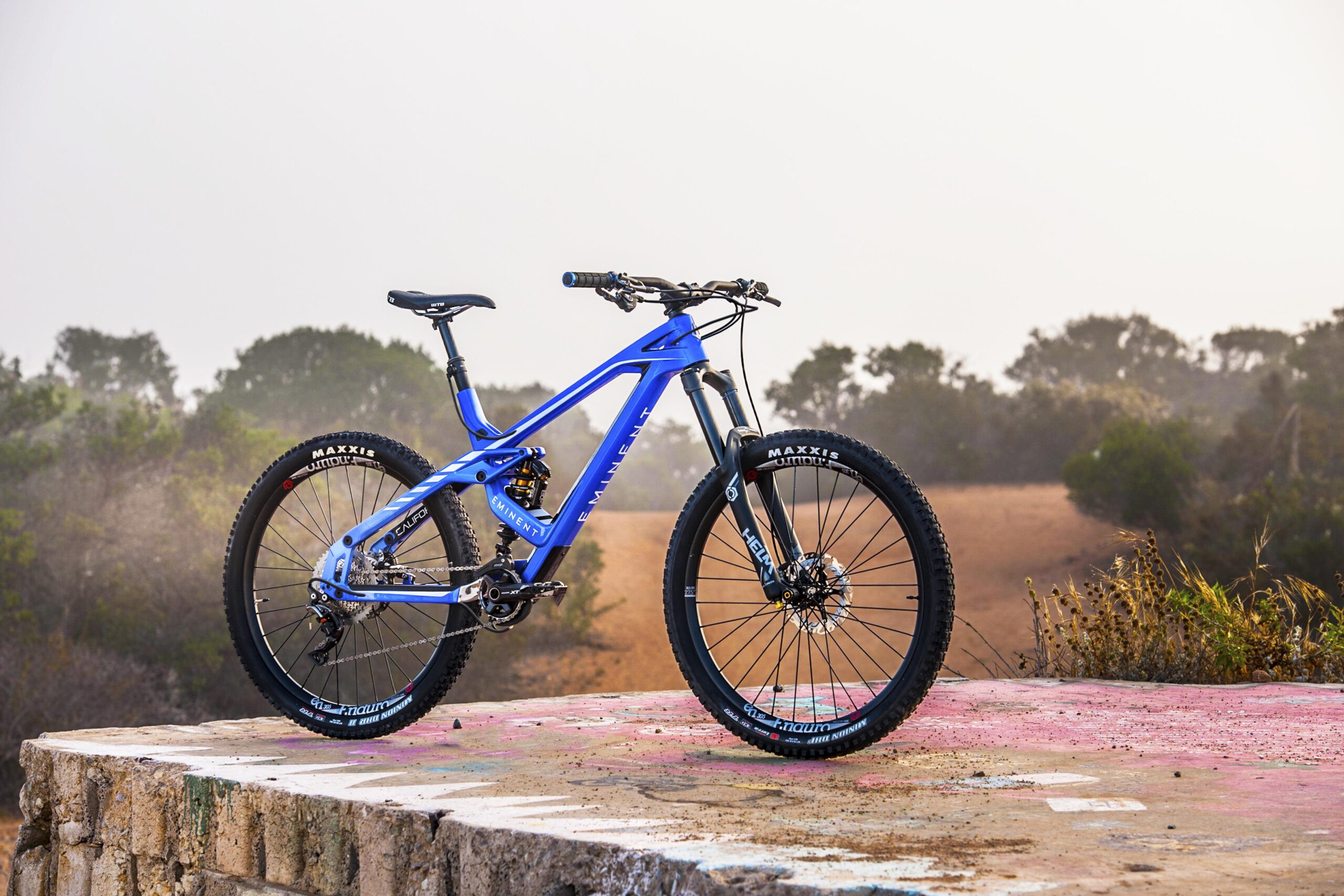 Eminent Cycles Haste: A blue mountain bike is parked on a graffiti-covered stone ledge, with a blurred natural landscape in the background. The bike features prominent suspension, thick tires, and is positioned slightly angled to showcase its design. The scene is illuminated by soft, diffuse light, suggesting early morning or late afternoon.