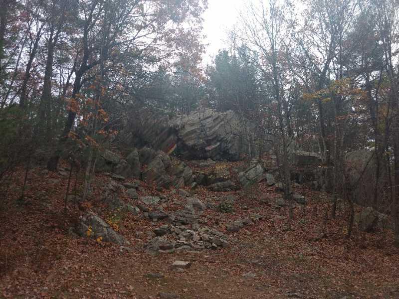 A rocky hillside surrounded by trees, featuring scattered boulders and autumn leaves on the ground. The scene is somewhat cloudy, creating a muted atmosphere typical of fall. Needham Town Forest mountain bike trail.