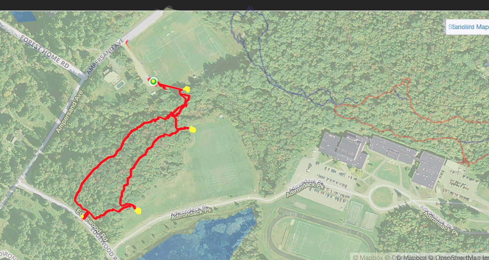 Map showing a wooded trail in a park area with a highlighted route in red. The map features adjacent roads, including Forest Home Road and Ampersand Avenue, with points of interest marked in yellow. Nearby, there is a large open field and a building, possibly a facility or community center. The surrounding area is dense with trees, indicating a natural landscape. Saranac Lake Central School Trail 2 mountain bike trail.