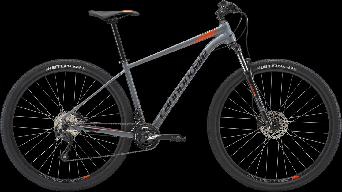 Cannondale Trail: A gray Cannondale mountain bike with orange accents, featuring a lightweight frame, disc brakes, and rugged tires suitable for off-road trails. The bike is positioned against a black background.