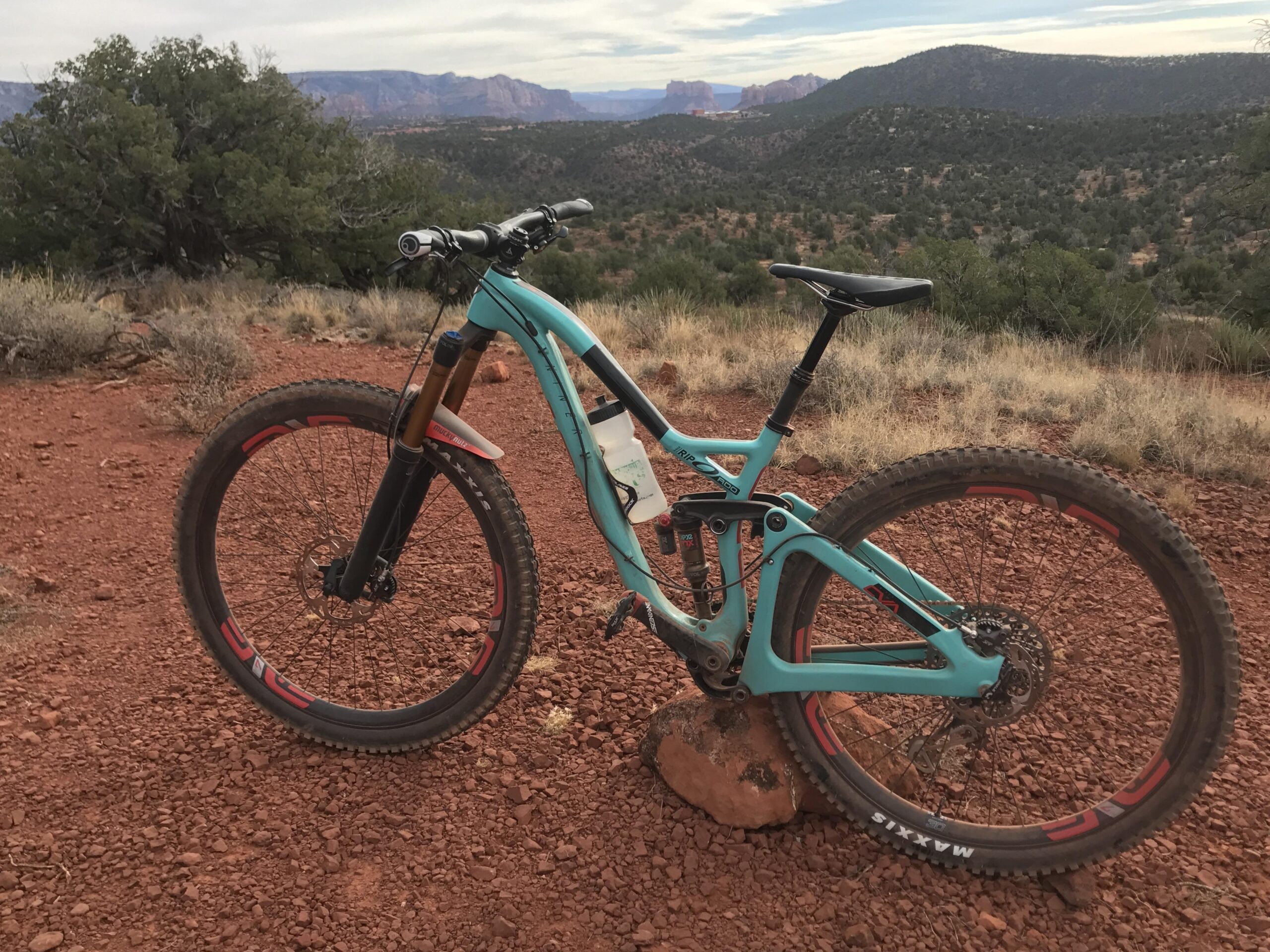 Niner R.I.P. 9 RDO: A mountain bike resting on a rock in a desert landscape, with rugged terrain and distant red rock formations in the background under a cloudy sky.