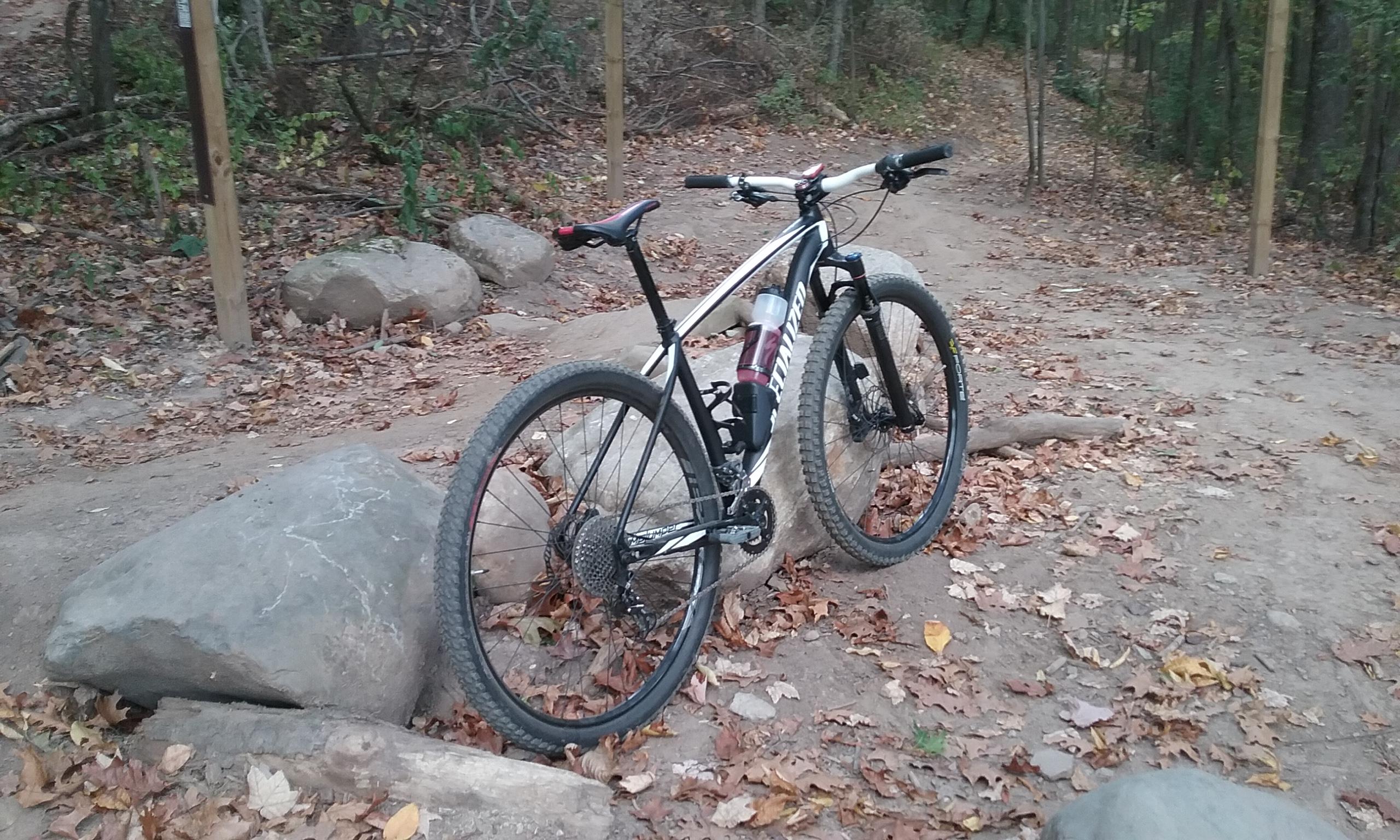 Specialized STUMPJUMPER COMP HT: A mountain bike resting against a large rock on a dirt trail surrounded by fallen leaves and wooded terrain.