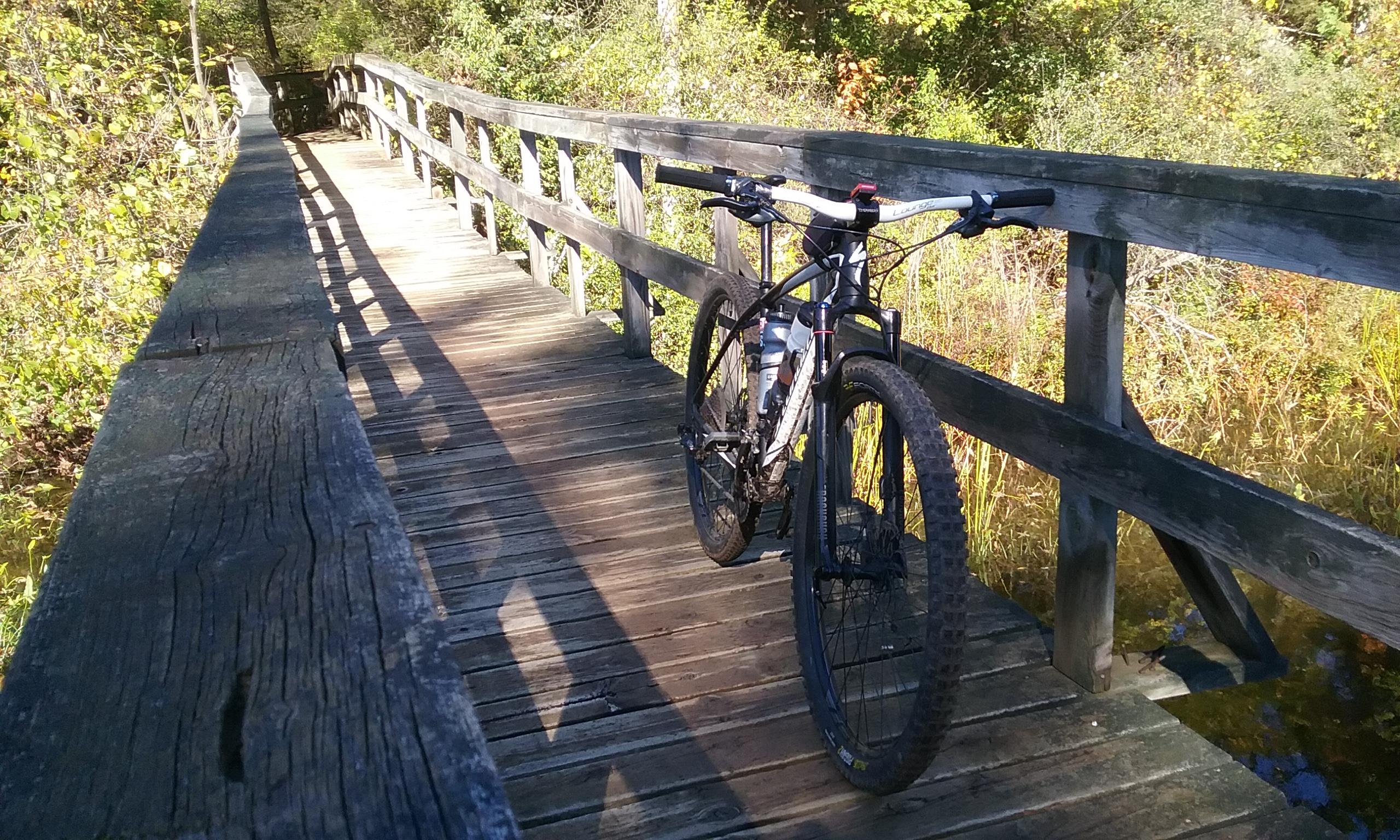 A mountain bike is parked on a wooden bridge surrounded by trees and greenery, with sunlight casting shadows on the planks. The path on the bridge leads into a natural landscape, creating a serene outdoor scene. Potawatomi trail mountain bike trail.