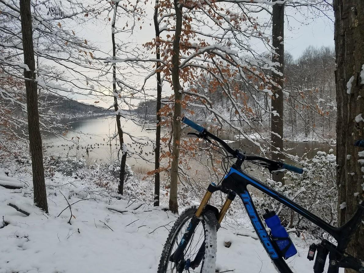 A mountain bike resting against a tree in a snowy forest, with a serene lake visible in the background. Snow covers the ground and tree branches, and a few scattered leaves remain on the trees. The scene conveys a peaceful winter landscape. Black Hill Regional Park mountain bike trail.