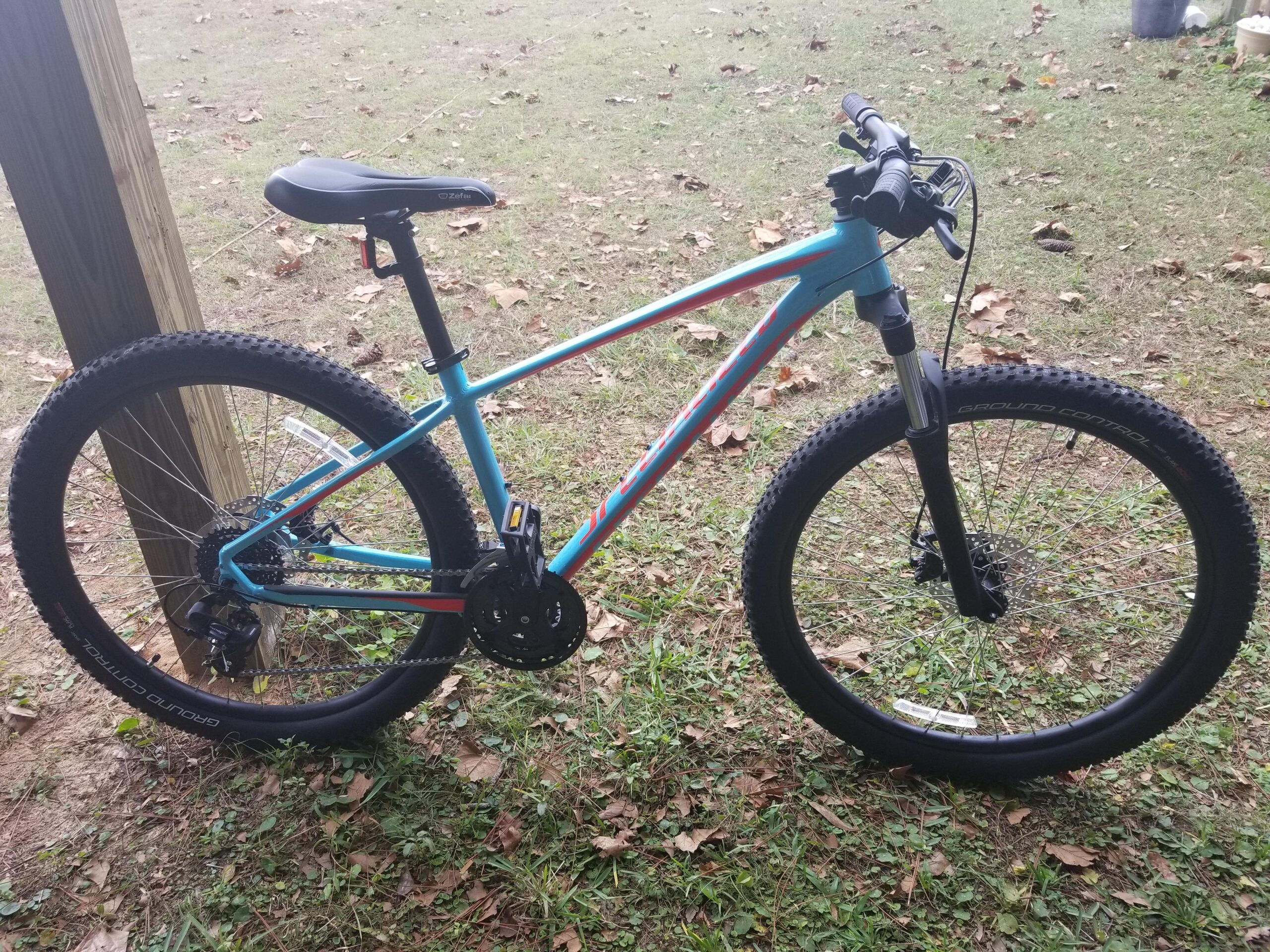 Specialized Pitch: A blue mountain bike leaning against a wooden post on grassy ground, surrounded by fallen leaves. The bike features thick tires designed for rugged terrain, a black seat, and a simple gear system.