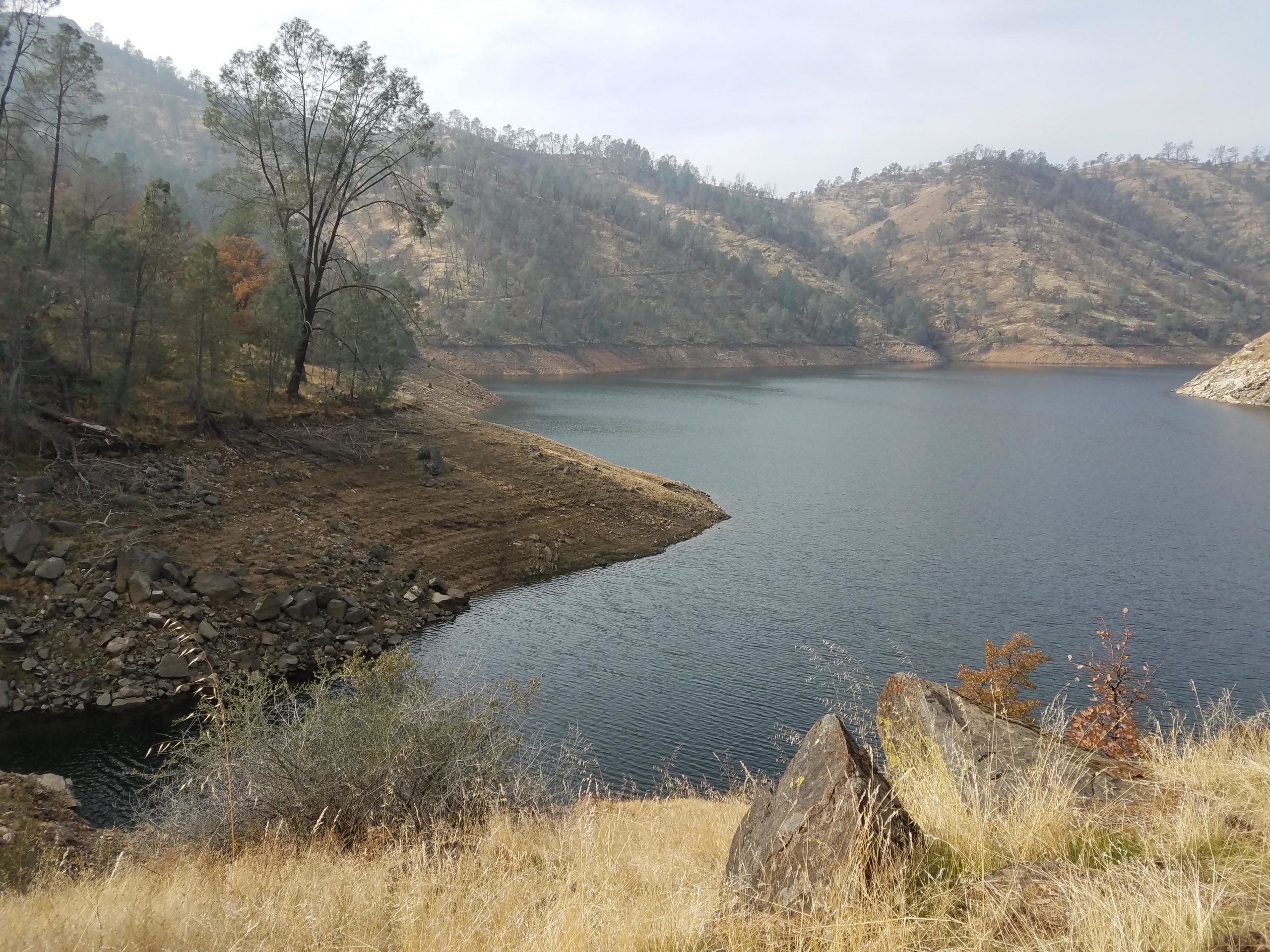 A serene landscape featuring a calm lake surrounded by dry hills and sparse trees. The shoreline is rocky with patches of golden grass in the foreground, while the distant hills are partially shrouded in a light mist. San Joaquin River Trail mountain bike trail.