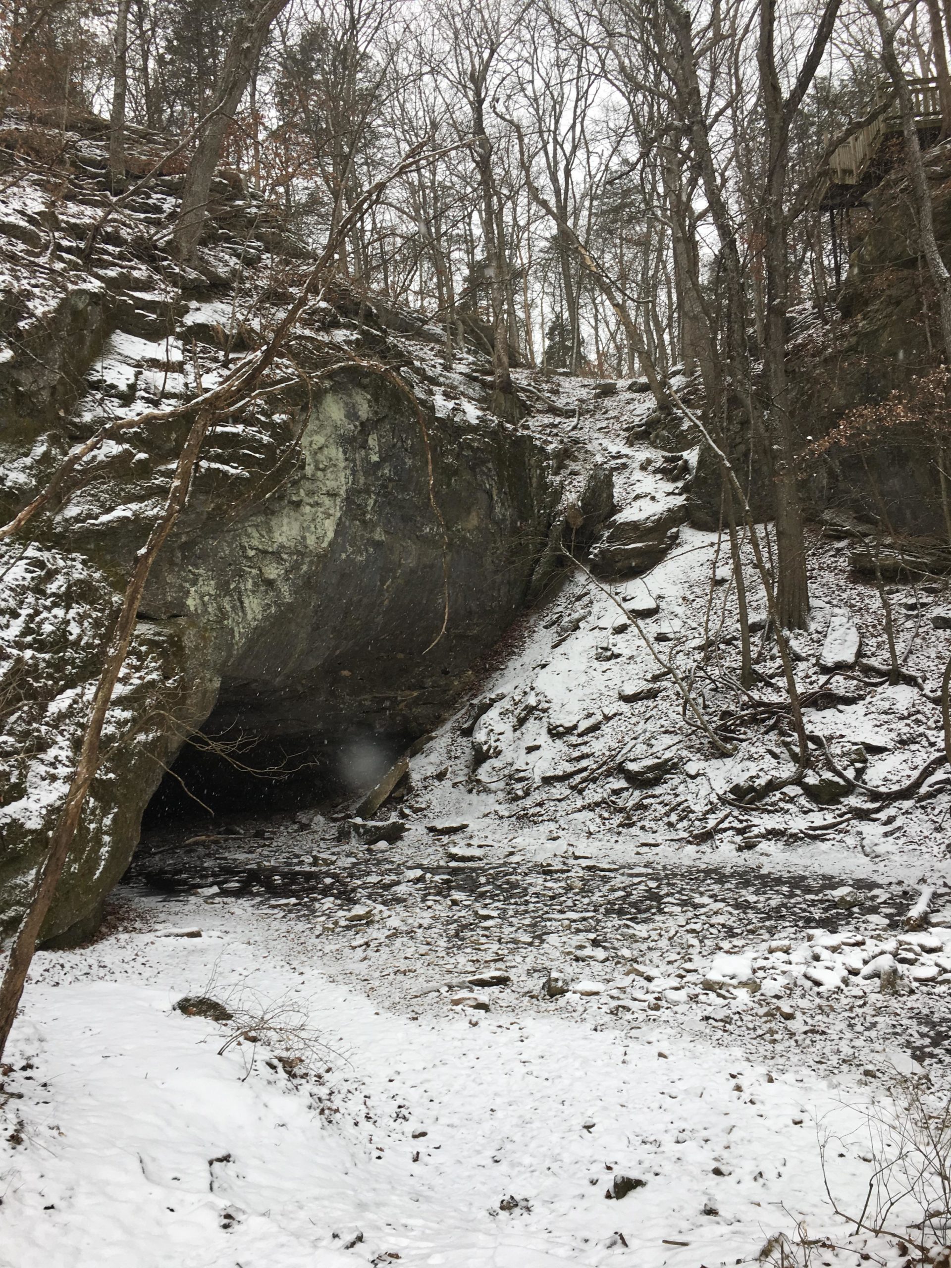 A snowy landscape featuring a rocky cliff and bare trees, with a partially concealed cave entrance visible at the bottom. The ground is covered in snow and scattered stones, creating a serene, wintry scene. Rock Bridge Memorial State Park mountain bike trail.
