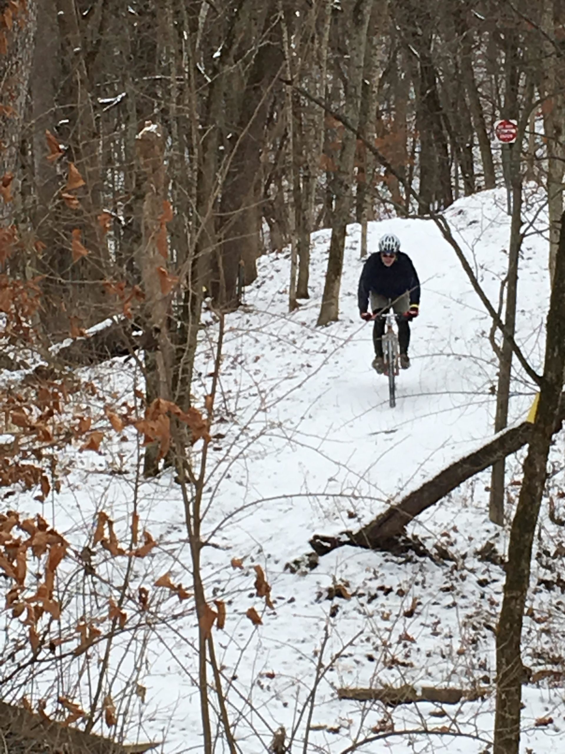 A cyclist riding a bicycle along a snowy trail in a wooded area, surrounded by trees and fallen leaves. Kelley Branch Mountain Bike/hiking Trail mountain bike trail.