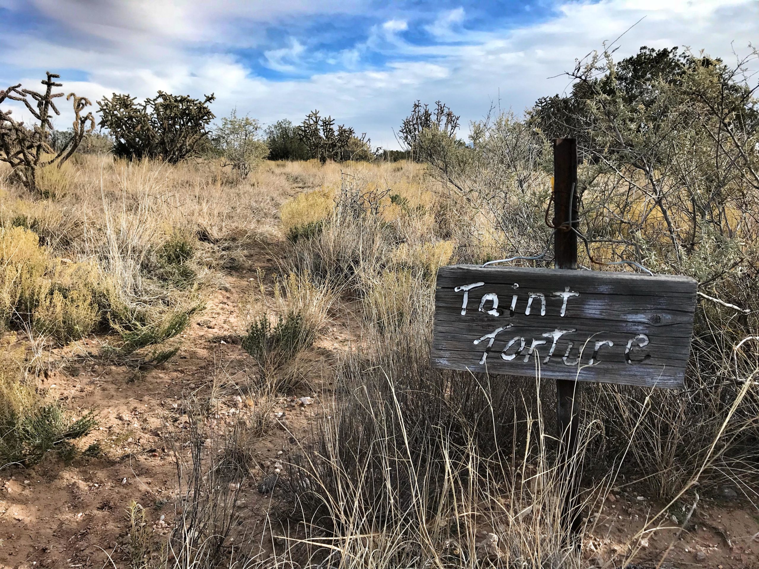 A wooden sign reading "Taint Tacture" is prominently displayed in a sparse, desert landscape filled with dry grass and sparse vegetation. The background features a mixture of shrubs and cacti under a cloudy sky. Mariposa Fat Bike Trails mountain bike trail.