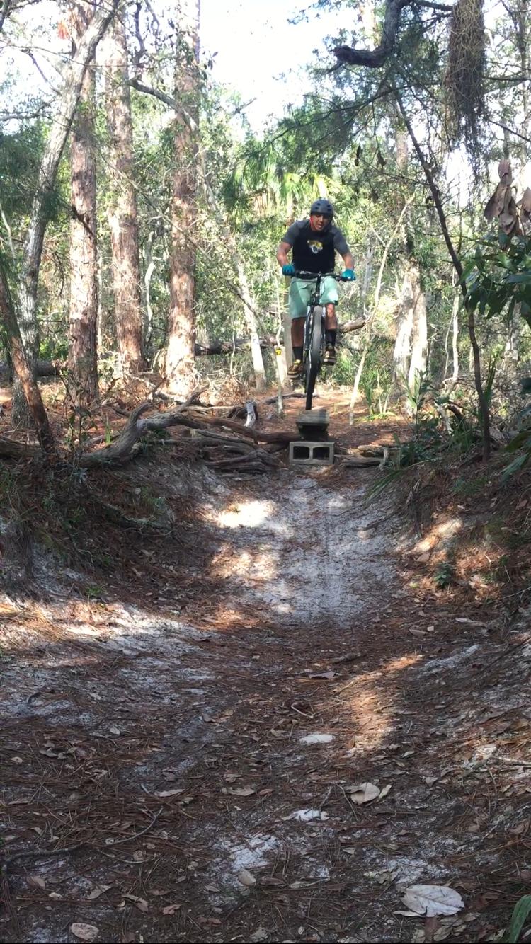 A mountain biker performing a jump over a makeshift ramp made of wooden planks and cinder blocks on a dirt trail surrounded by trees and foliage. Sunlight filters through the trees, casting dappled light on the forest floor covered with pine needles and leaves. Mala Compra mountain bike trail.