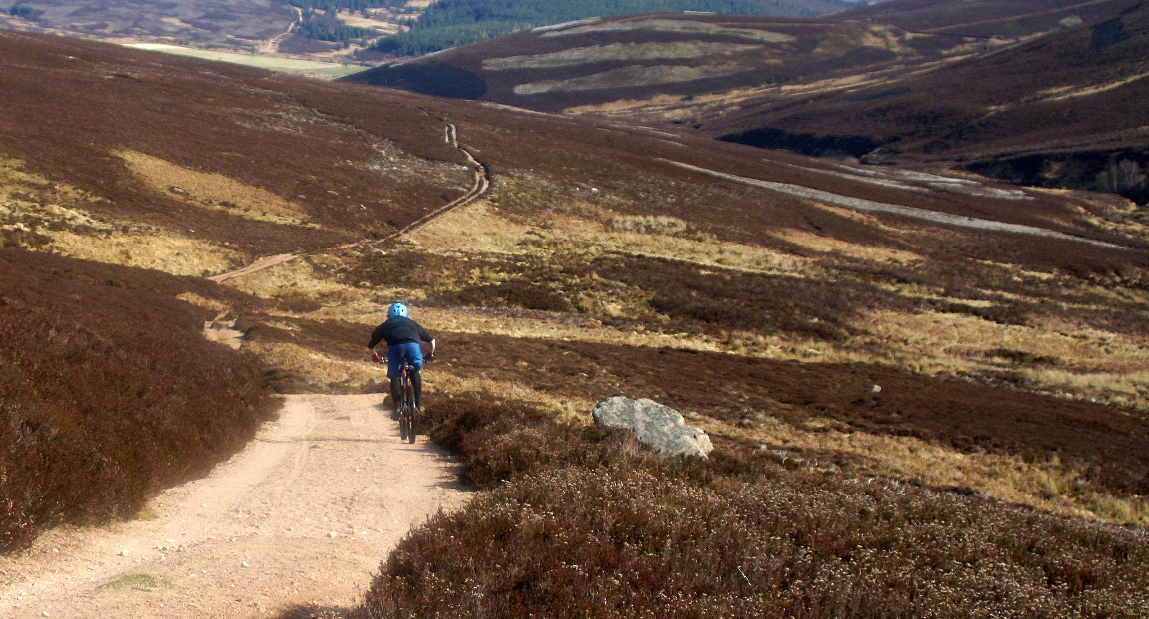 Banshee Spitfire: A cyclist riding on a dirt path through a vast, hilly landscape covered in heather and grass, with distant hills and forests in the background under a clear blue sky.