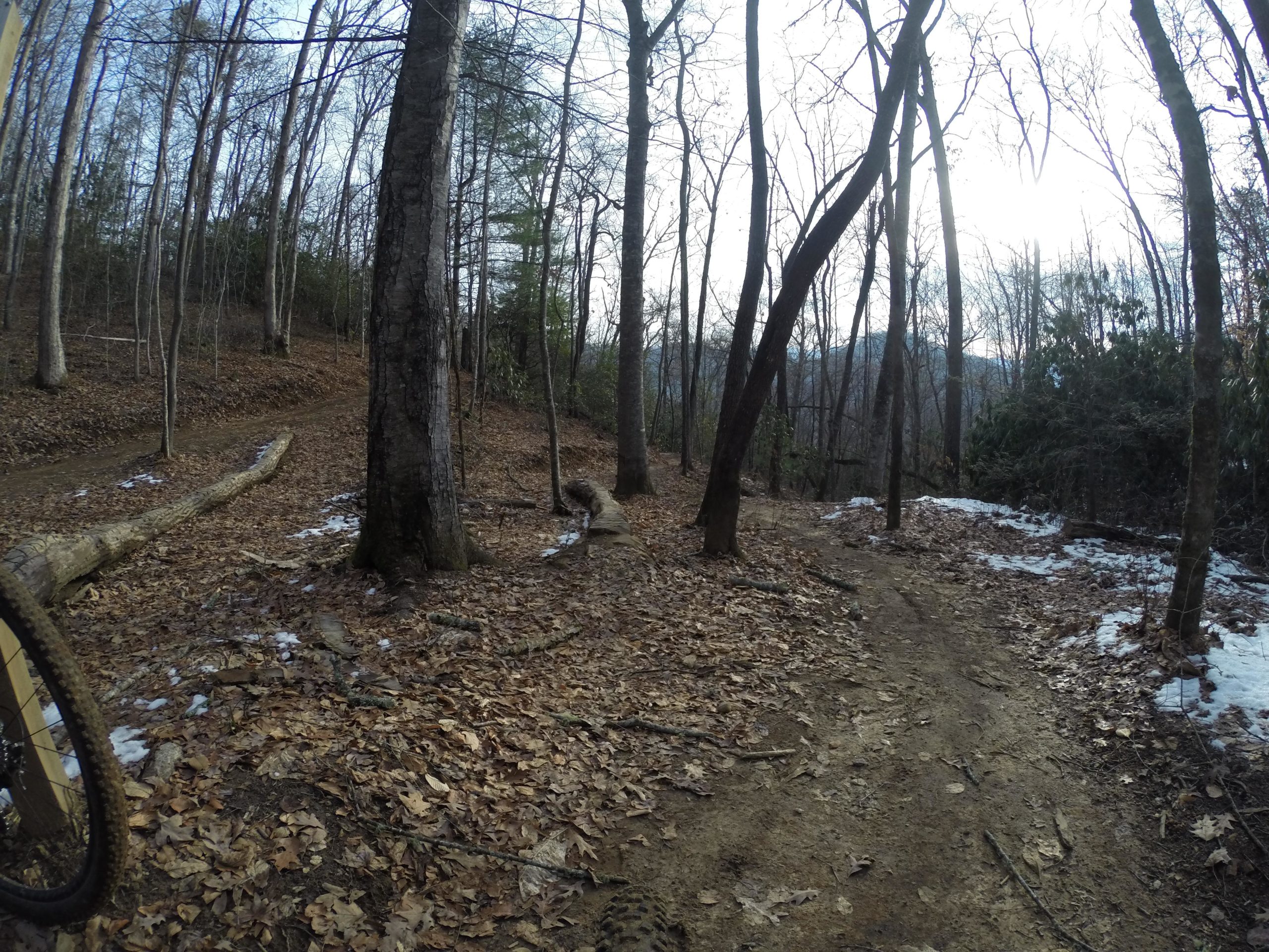 A forested trail in winter, featuring a dirt path winding through a landscape of bare trees and scattered leaves. Snow patches are visible on the ground, with a mix of greenery in the background. The scene is tranquil and captures the essence of a quiet, outdoor environment. Fire Mountain Trail System mountain bike trail.