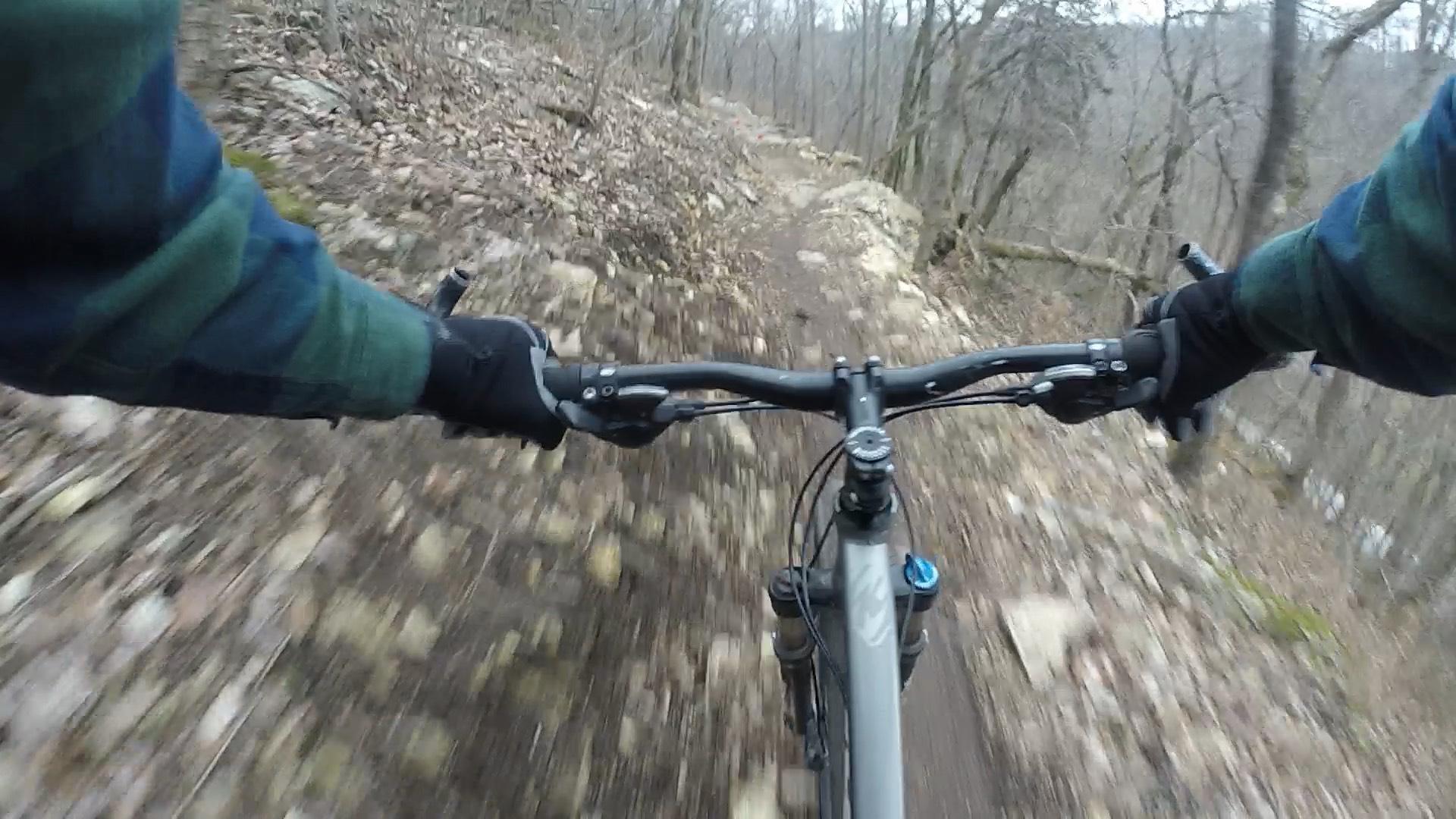 Alt text: A close-up view of mountain bike handlebars as the rider navigates a rocky, forested trail, with motion blur indicating speed. There are trees in the background and the ground is covered with dirt and small stones. Coler Mountain Bike Preserve mountain bike trail.