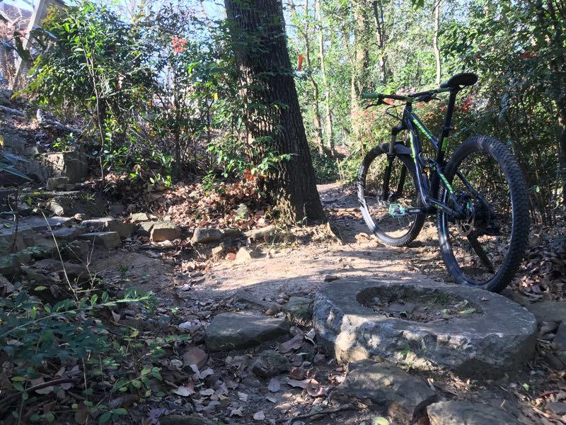 A mountain bike parked beside a rocky pathway in a wooded area, surrounded by green foliage and dried leaves on the ground. Allsopp Park mountain bike trail.