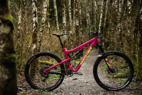 Santa Cruz Bronson: A vibrant pink mountain bike with yellow accents, parked on a gravel trail surrounded by tall trees with white bark and lush green foliage.