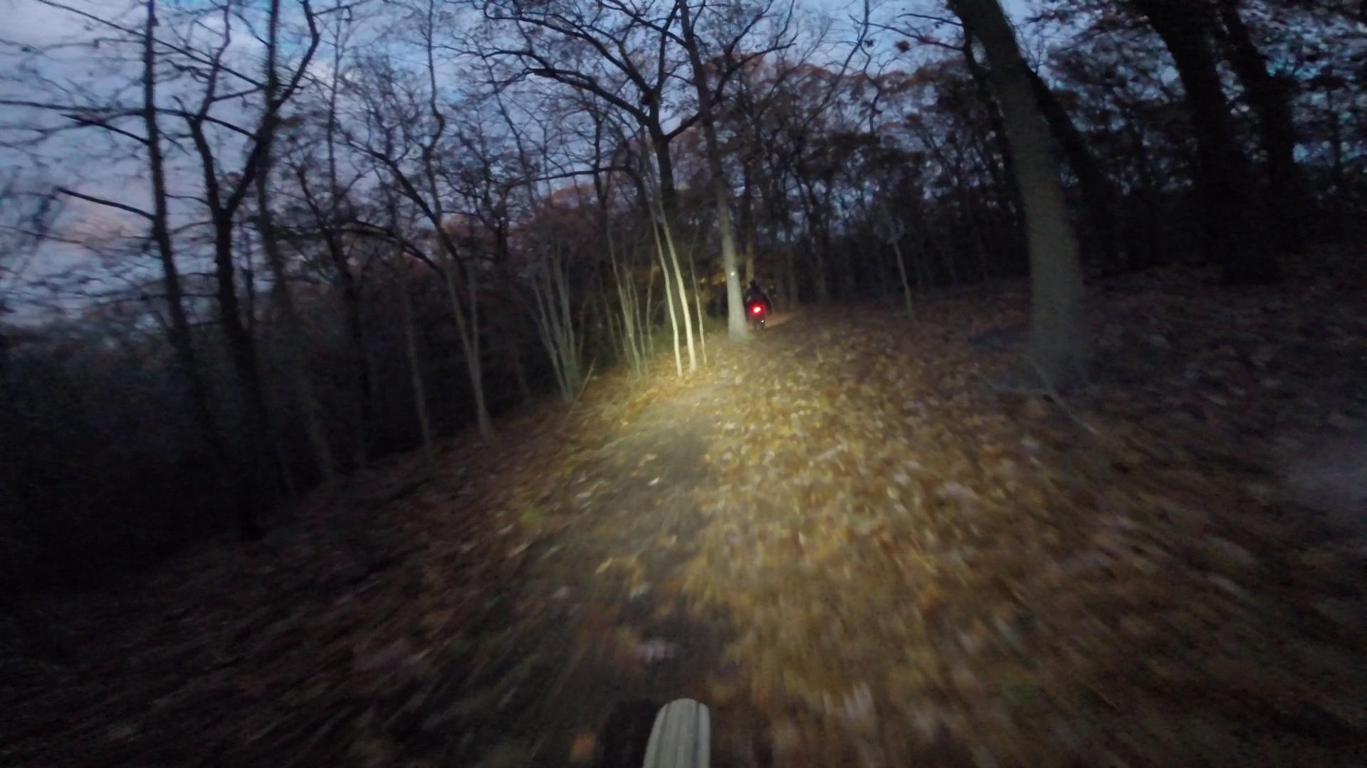 A trail through a wooded area at dusk, with fallen leaves covering the path. A cyclist is seen in the distance, illuminated by a headlight, while a rear light glows red. The trees are bare, creating a moody atmosphere as the light fades. Richmond Avenue and Forest Hill road mountain bike trail.