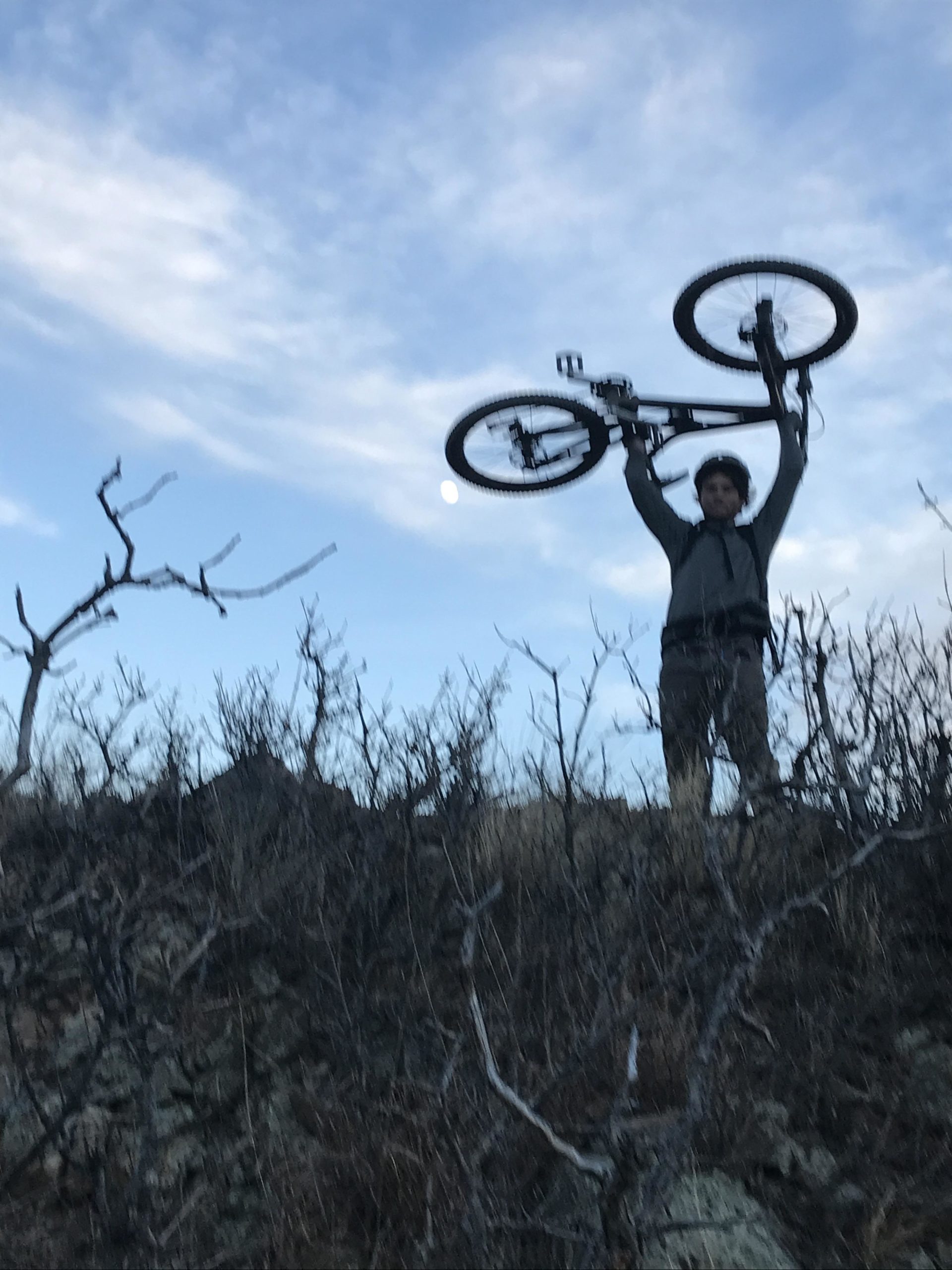 A person standing on a rocky outcrop, holding a bicycle above their head, with a clear blue sky and a crescent moon in the background. The landscape features sparse, dry vegetation and twisted branches. Red Rock Canyon mountain bike trail.