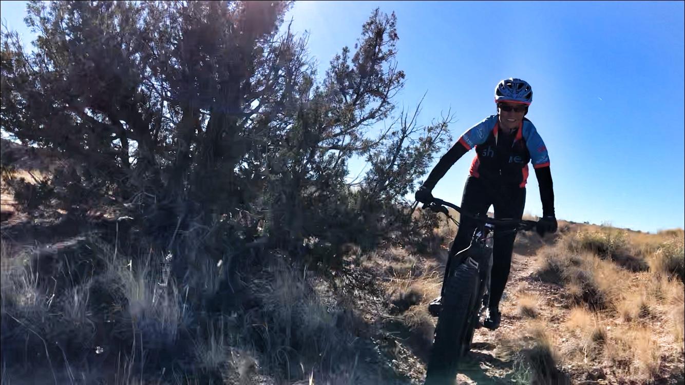 A person riding a mountain bike on a dirt trail, surrounded by shrubs and grass, under a clear blue sky. The cyclist is wearing a helmet and a colorful cycling jersey with a short sleeve design. Sunlight is visible, creating a bright atmosphere. Mariposa Fat Bike Trails mountain bike trail.