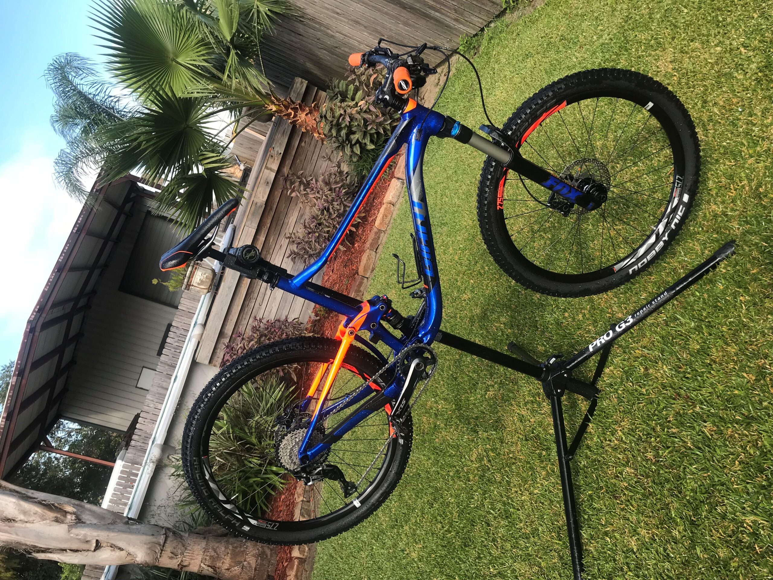 Giant Anthem 27.5 2: A mountain bike in a blue and orange color scheme is positioned on a black maintenance stand on a grassy area. In the background, there are palm trees and a wooden structure, suggesting a backyard setting. The bike features knobby tires and a sleek frame, showcasing its suitability for off-road cycling.