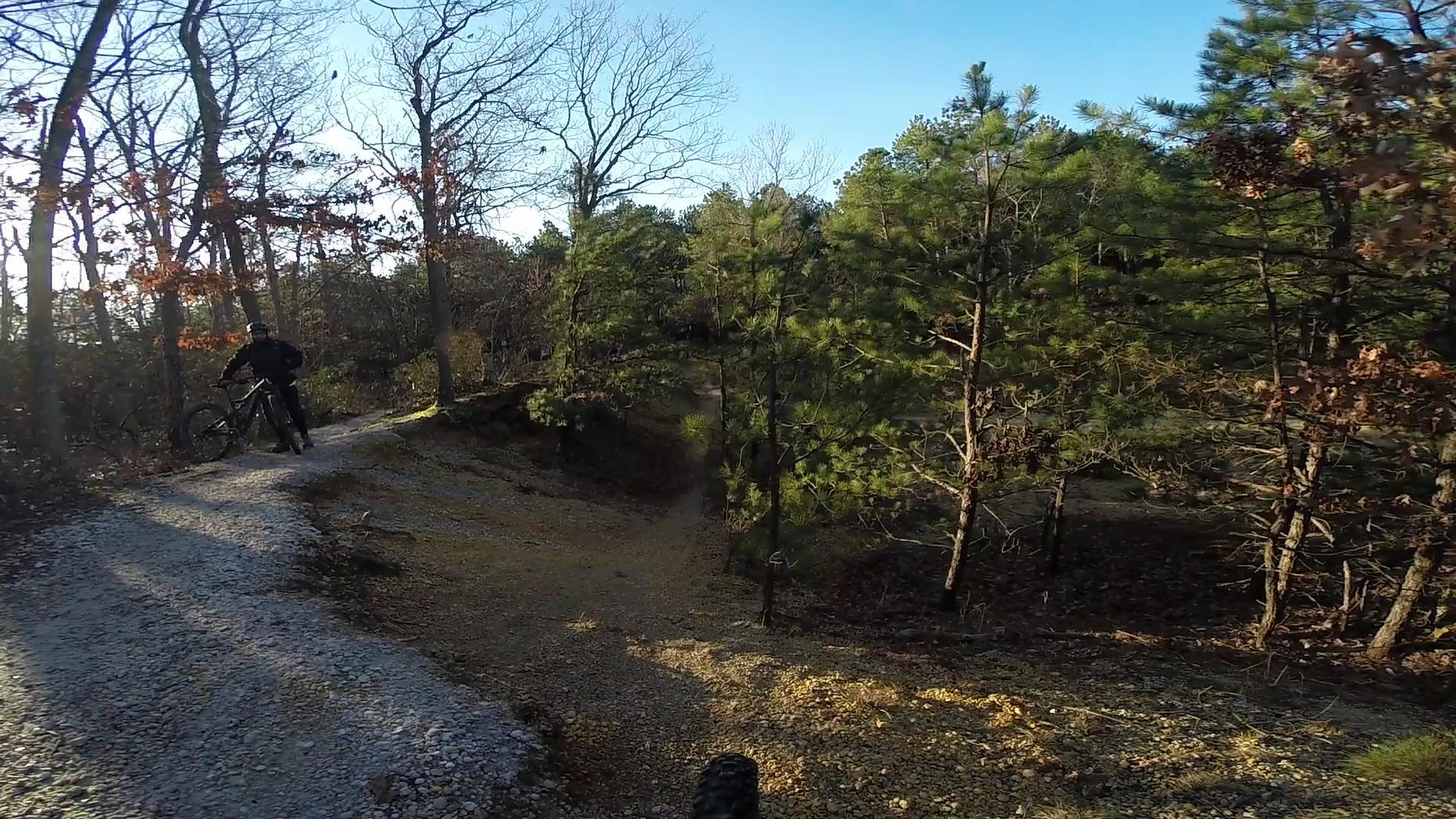 A mountain biker pauses on a gravel path surrounded by trees in a wooded area. The scene captures a sunny day with clear blue skies and a mix of green and bare trees, indicating a transition between seasons. Allaire State Park mountain bike trail.